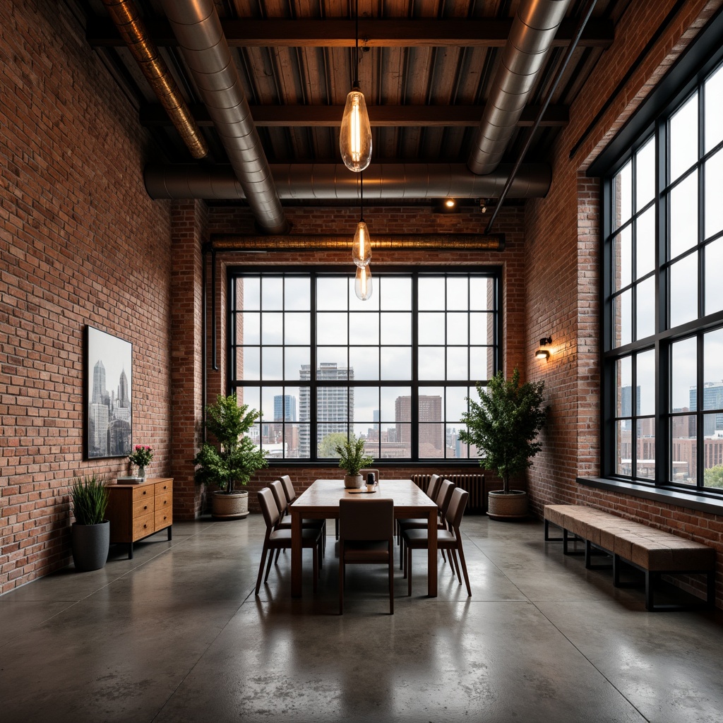 Prompt: Exposed brick walls, industrial pipes, metal beams, reclaimed wood accents, Edison bulbs, urban loft atmosphere, distressed metal finishes, copper tones, bronze hues, steel frames, minimalist decor, functional lighting, concrete floors, cityscape views, overcast sky, dramatic shadows, low-key lighting, 2/3 composition, symmetrical framing, high-contrast textures.