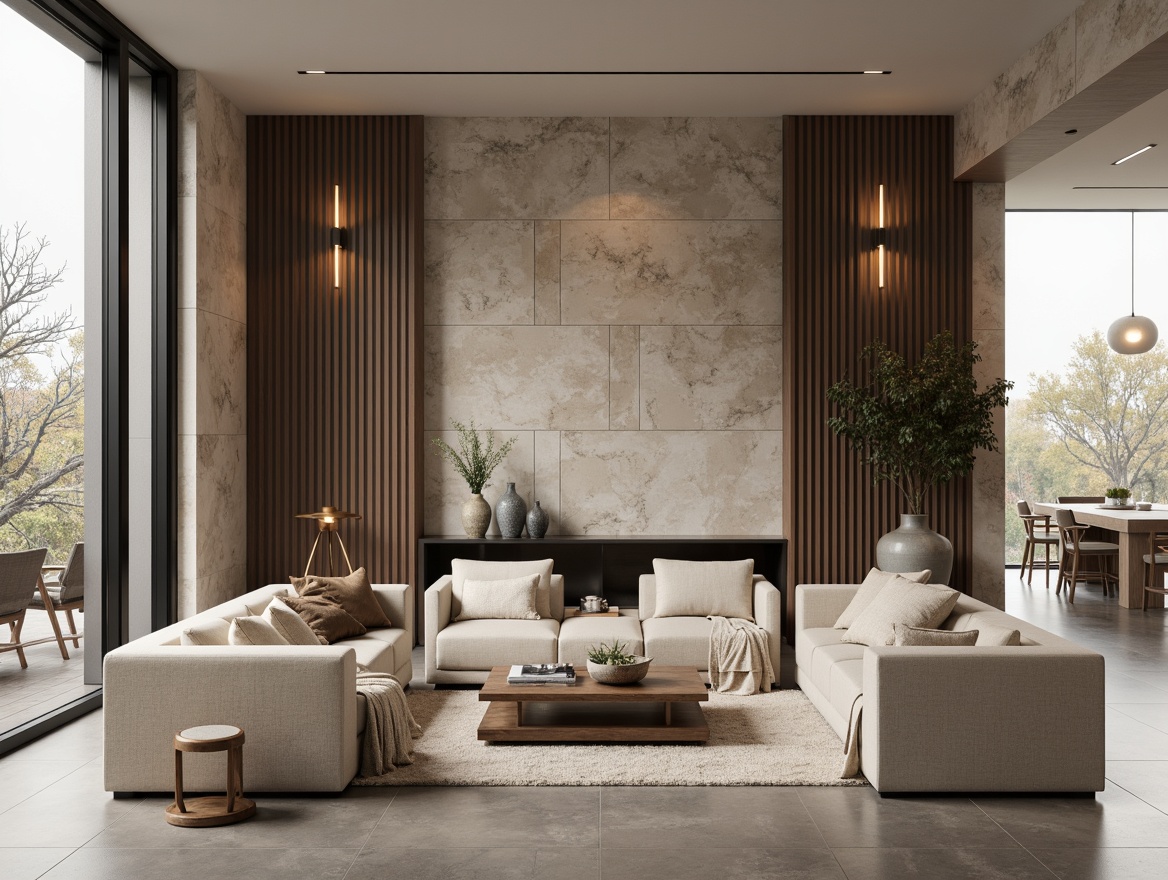 Prompt: Elegant living room, neutral color palette, textured wall finishes, reclaimed wood accents, natural stone features, metallic sheen, matte black frames, minimalist decor, floor-to-ceiling windows, soft diffused lighting, 1/1 composition, intimate atmosphere, warm beige tones, subtle patterns, luxurious fabrics, refined details, sophisticated ambiance.