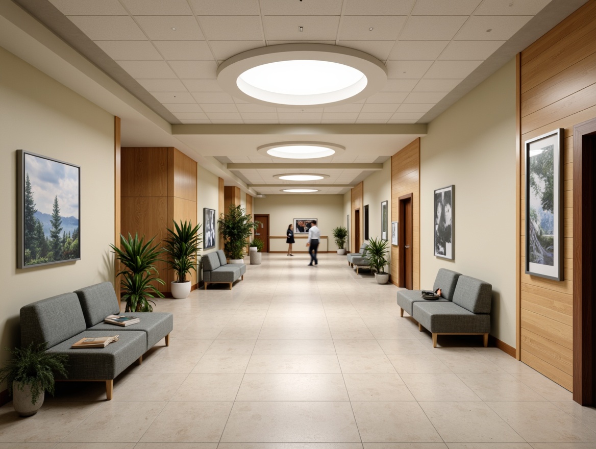 Prompt: Calming hospital corridors, soft beige walls, warm wood accents, comfortable waiting areas, gentle greenery, natural stone floors, calming blue tones, creamy white ceilings, modern medical equipment, subtle patterned textiles, circular lighting fixtures, cozy reading nooks, tranquil water features, soothing music backgrounds, shallow depth of field, 1/2 composition, realistic textures, ambient occlusion.