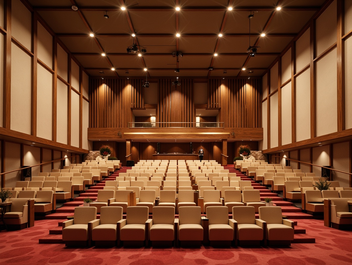 Prompt: Vibrant auditorium interior, warm beige walls, rich walnut wood accents, comfortable plush seats, subtle gold lighting fixtures, soft crimson carpeting, elegant curved staircases, sophisticated soundproofing systems, modern acoustic panels, harmonious color palette, calming ambient atmosphere, softbox lighting, 1/2 composition, realistic textures, ambient occlusion.