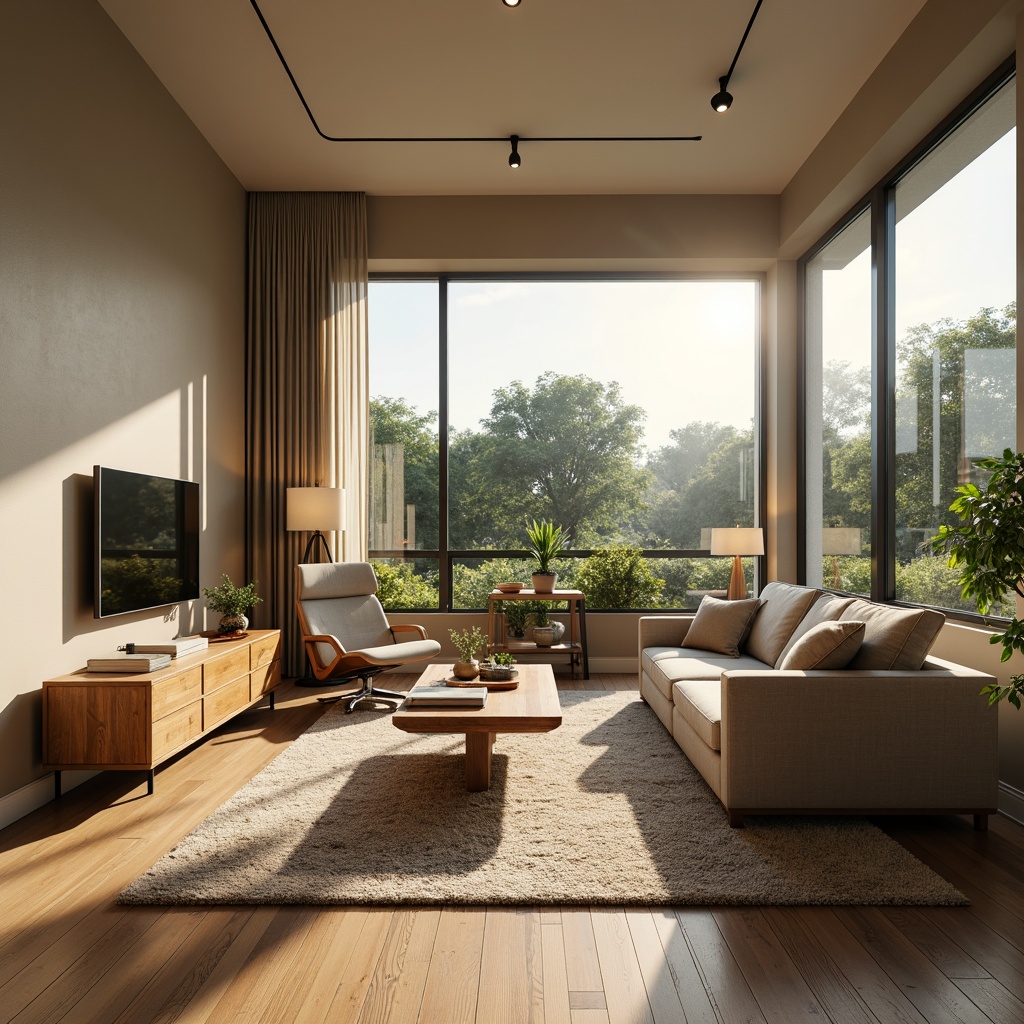 Prompt: Modern living room, sleek furniture, minimalist decor, functional layout, ergonomic chairs, spacious coffee table, wall-mounted TV, ambient lighting, warm beige walls, polished wooden floors, green plants, natural textiles, cozy throw pillows, comfortable reading nook, panoramic window view, soft afternoon sunlight, shallow depth of field, 1/1 composition, realistic textures, subtle shadows.