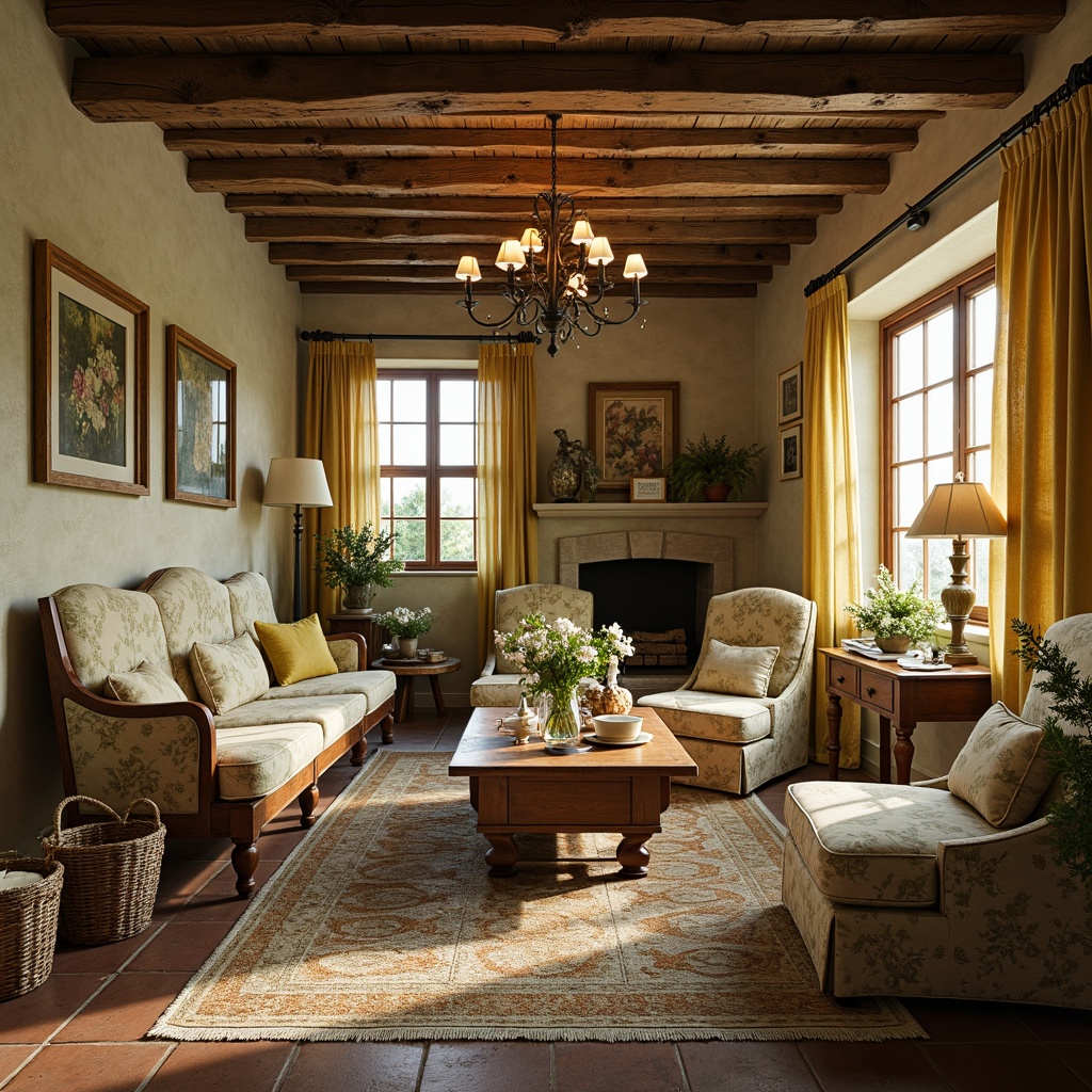 Prompt: Rustic farmhouse, vintage distressed wood, soft golden lighting, floral patterns, Toile de Jouy fabrics, linen upholstery, velvet drapes, natural fiber rugs, woven baskets, earthy color palette, moss green accents, sunflower yellow hues, creamy whites, weathered stone walls, aged brick floors, classic French furniture, ornate carvings, elegant chandeliers, lace trimmings, subtle sheen fabrics, soft folds, romantic ambiance, warm inviting atmosphere.