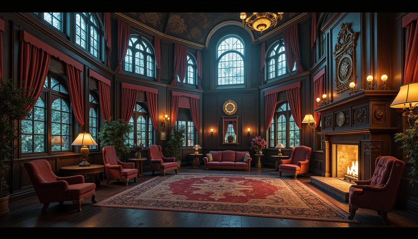 Prompt: Elegant Gothic mansion, ornate furnishings, mysterious ambiance, dark wood tones, intricately carved chairs, velvet upholstery, mystical symbols, grand chandeliers, stained glass windows, majestic fireplaces, ornamental metalwork, mysterious artifacts, lavish drapery, rich tapestries, dramatic lighting, warm candlelight, atmospheric fog, medieval-inspired decor, ancient tomes, mysterious relics, mystical creatures.