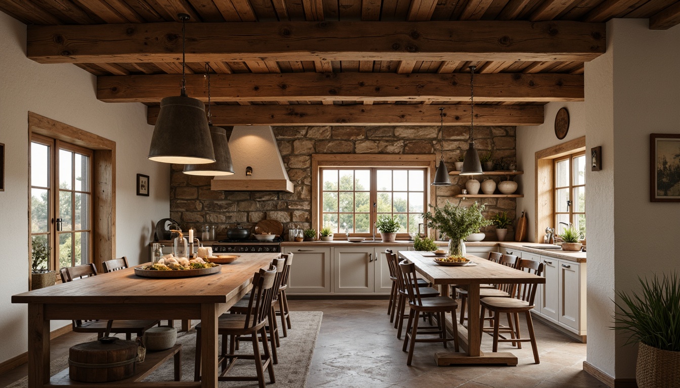 Prompt: Rustic farmhouse, vintage metal lanterns, distressed wood accents, warm soft lighting, pendant lights, exposed bulbs, metal shades, wooden beams, natural stone walls, earthy tones, cozy atmosphere, ambient glow, candlelit tables, farmhouse kitchen, wooden island, rustic dining chairs, reclaimed wood floors, country-style decor, warm beige colors, creamy whites, natural textiles.