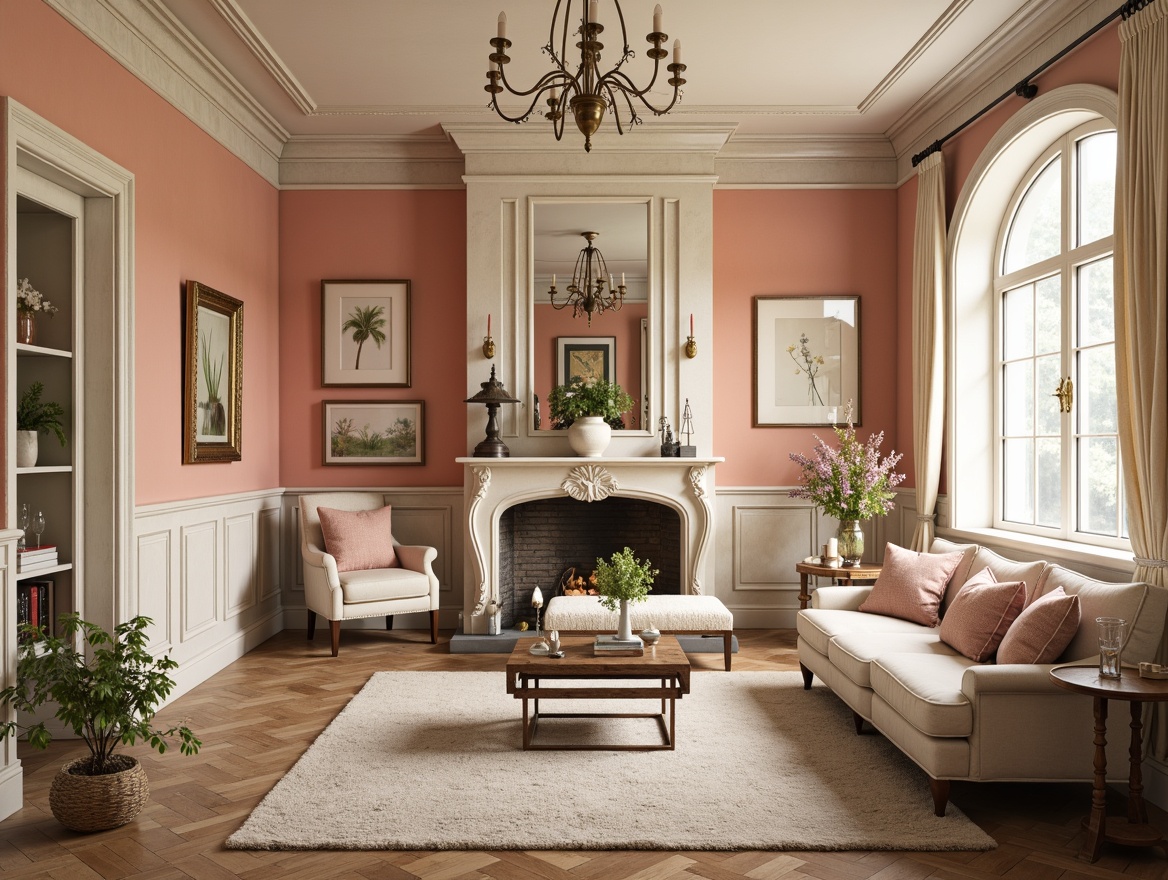 Prompt: Soft peach walls, distressed wood accents, vintage pastel hues, creamy whites, warm beige tones, soft sage greens, blush pinks, lavender undertones, ornate gold details, crystal chandeliers, lace curtains, floral patterns, ruffled fabrics, rustic wooden furniture, natural fiber rugs, warm candlelight, shallow depth of field, 1/1 composition, intimate atmosphere.