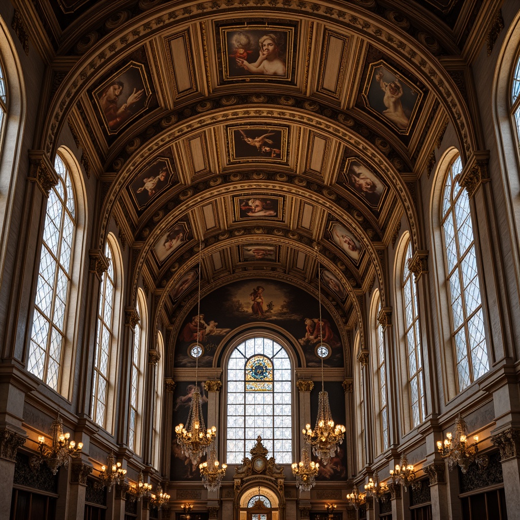 Prompt: Intricate ornate ceiling, Baroque architectural style, grandiose vaulted arches, ornamental frescoes, gilded details, stained glass windows, majestic chandeliers, soft warm lighting, subtle shadows, highly detailed textures, realistic ambient occlusion, 1/1 composition, symmetrical view, serene atmosphere, peaceful ambiance, spiritual setting, sacred space, historic landmark, ancient traditions.