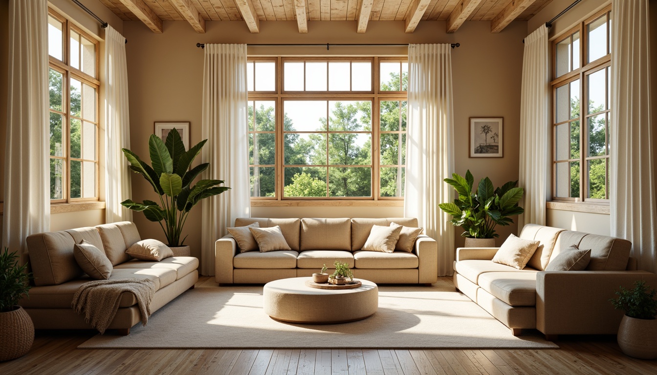 Prompt: Cozy living room, large windows, soft natural light, warm beige walls, comfortable furniture, plush throw pillows, vibrant greenery, rustic wooden floors, minimalist decor, delicate curtains, subtle textures, inviting atmosphere, relaxing ambiance, warm color palette, gentle shadows, shallow depth of field, 1/1 composition, realistic renderings, ambient occlusion.