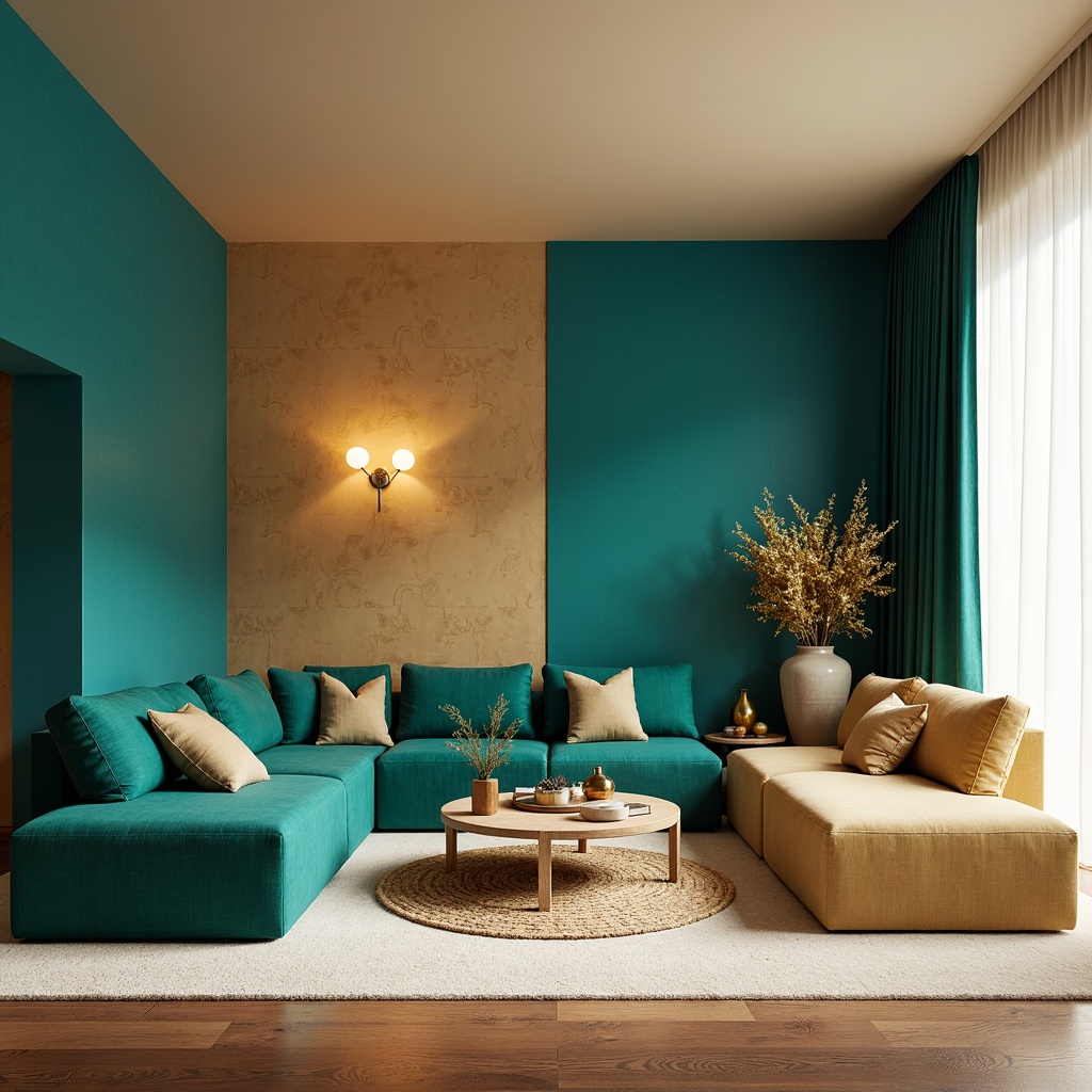 Prompt: Vibrant living room, bold accent walls, rich turquoise furniture, plush cream-colored carpet, metallic gold decor, natural wood accents, geometric patterned rugs, modern minimalist lighting, dramatic floor-to-ceiling drapes, warm beige ceiling, soft ambient glow, 1/1 composition, intimate atmosphere, realistic textures, subtle color grading.