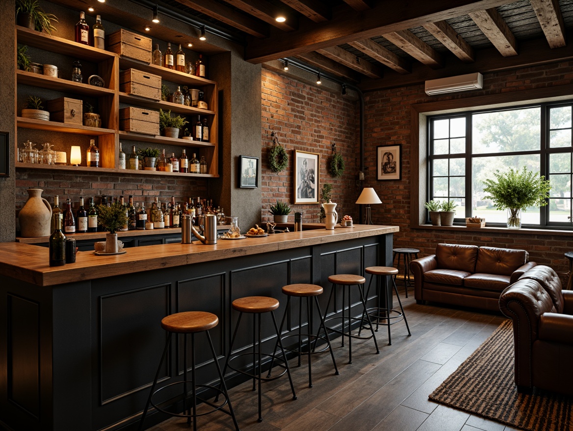 Prompt: Vintage industrial bar, reclaimed wood accents, metal stools, distressed finishes, exposed brick walls, dim warm lighting, rustic wooden crates, antique decorations, rich leather upholstery, classic cocktails, sophisticated ambiance, 3/4 composition, shallow depth of field, realistic textures.