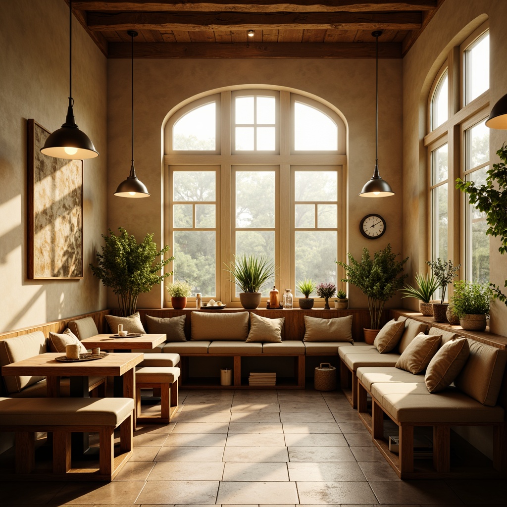 Prompt: Cozy breakfast nook, warm beige tones, soft golden lighting, pendant lamps, wooden tables, comfortable cushions, natural stone floors, earthy color palette, rustic metal accents, vintage decorative items, lush greenery, sunny morning light, gentle warm glow, shallow depth of field, 1/1 composition, realistic textures, ambient occlusion.