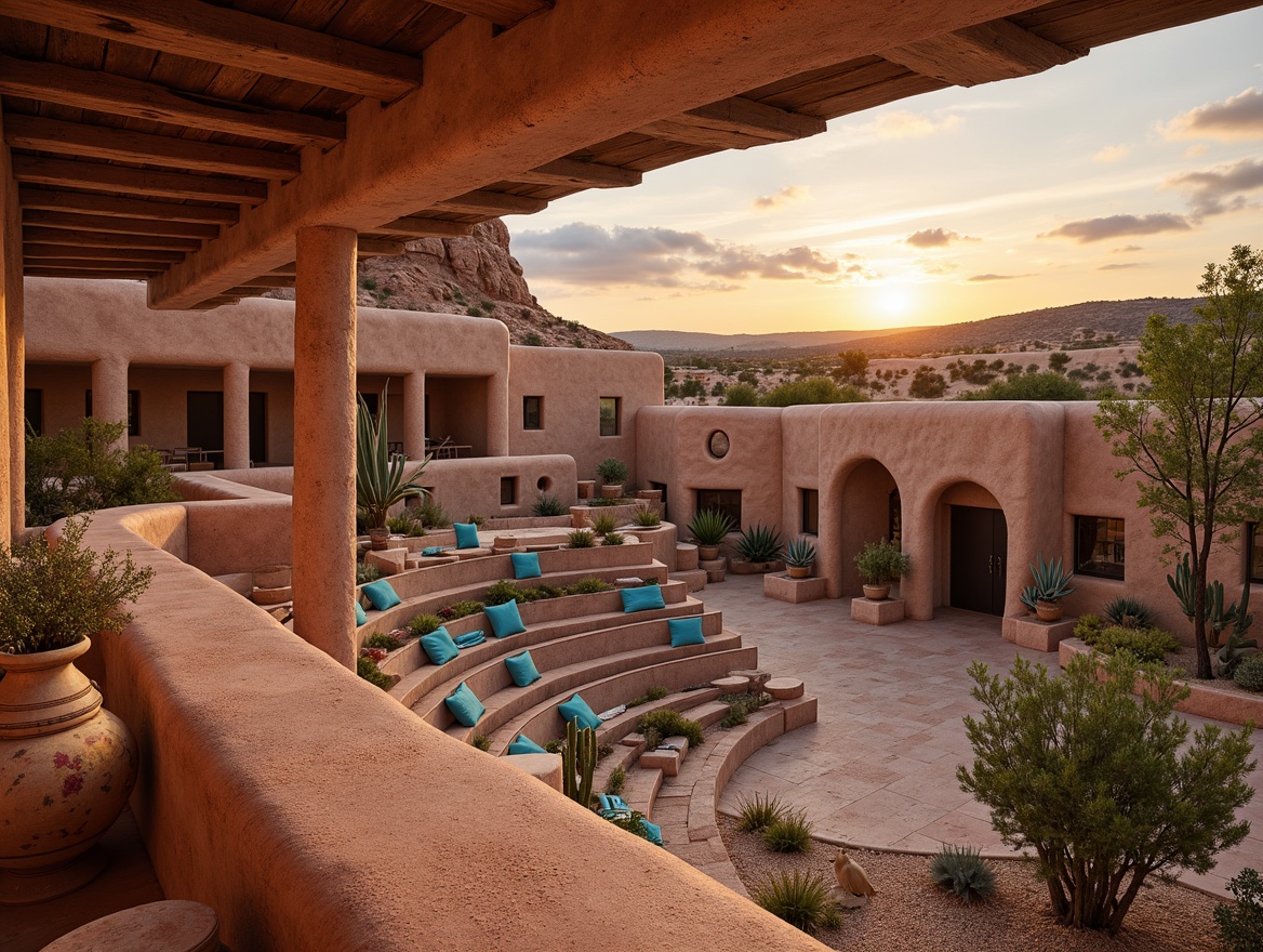 Prompt: Southwestern amphitheater, adobe-inspired architecture, curved seating areas, vibrant turquoise accents, terracotta pottery, woven textiles, natural stone walls, rustic wooden beams, desert flora, cacti, succulents, warm sandy tones, earthy red hues, dramatic sunset views, soft warm lighting, shallow depth of field, 3/4 composition, panoramic view, realistic textures, ambient occlusion.