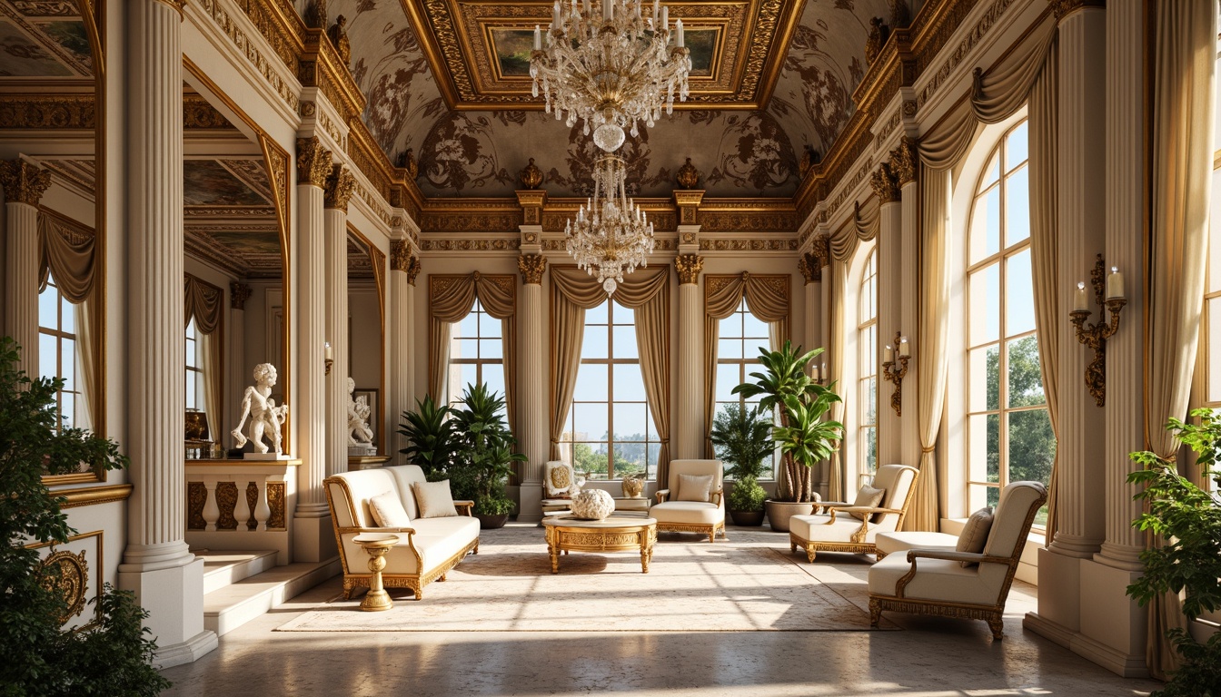 Prompt: Opulent palace, grandiose architecture, intricately carved wood, gilded ornaments, delicate shell motifs, soft pastel colors, ornate mirrors, crystal chandeliers, velvet drapes, lavish furnishings, intricate patterns, curved lines, gold leaf accents, whimsical sculptures, French Renaissance inspirations, lush greenery, natural light pouring in, warm golden lighting, shallow depth of field, 1/1 composition, realistic textures, ambient occlusion.