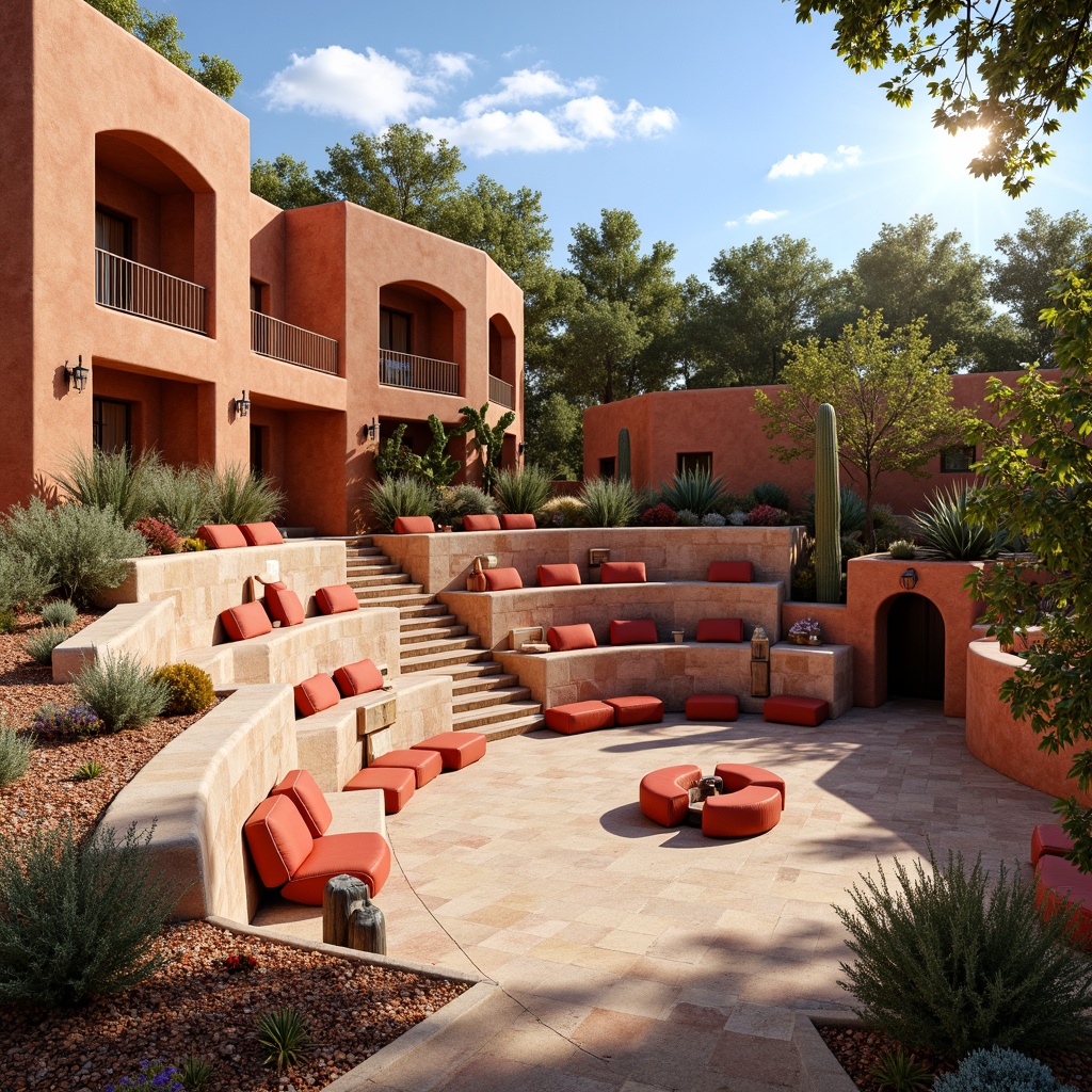 Prompt: Vibrant southwestern amphitheater, adobe-style architecture, curved seating areas, colorful tile mosaics, intricate stone carvings, desert-inspired landscaping, tall cacti, lush greenery, warm sandy tones, rustic wooden accents, ornate metal railings, geometric patterned textiles, bold red and turquoise hues, sunny day, soft natural lighting, shallow depth of field, 3/4 composition, panoramic view, realistic textures, ambient occlusion.