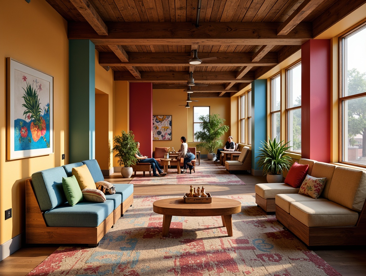 Prompt: Vibrant community center, eclectic color scheme, warm earthy tones, rich wood accents, bold pops of bright colors, modern abstract artwork, natural textiles, comfortable seating areas, inviting atmospheric lighting, 3/4 composition, shallow depth of field, realistic textures, ambient occlusion.