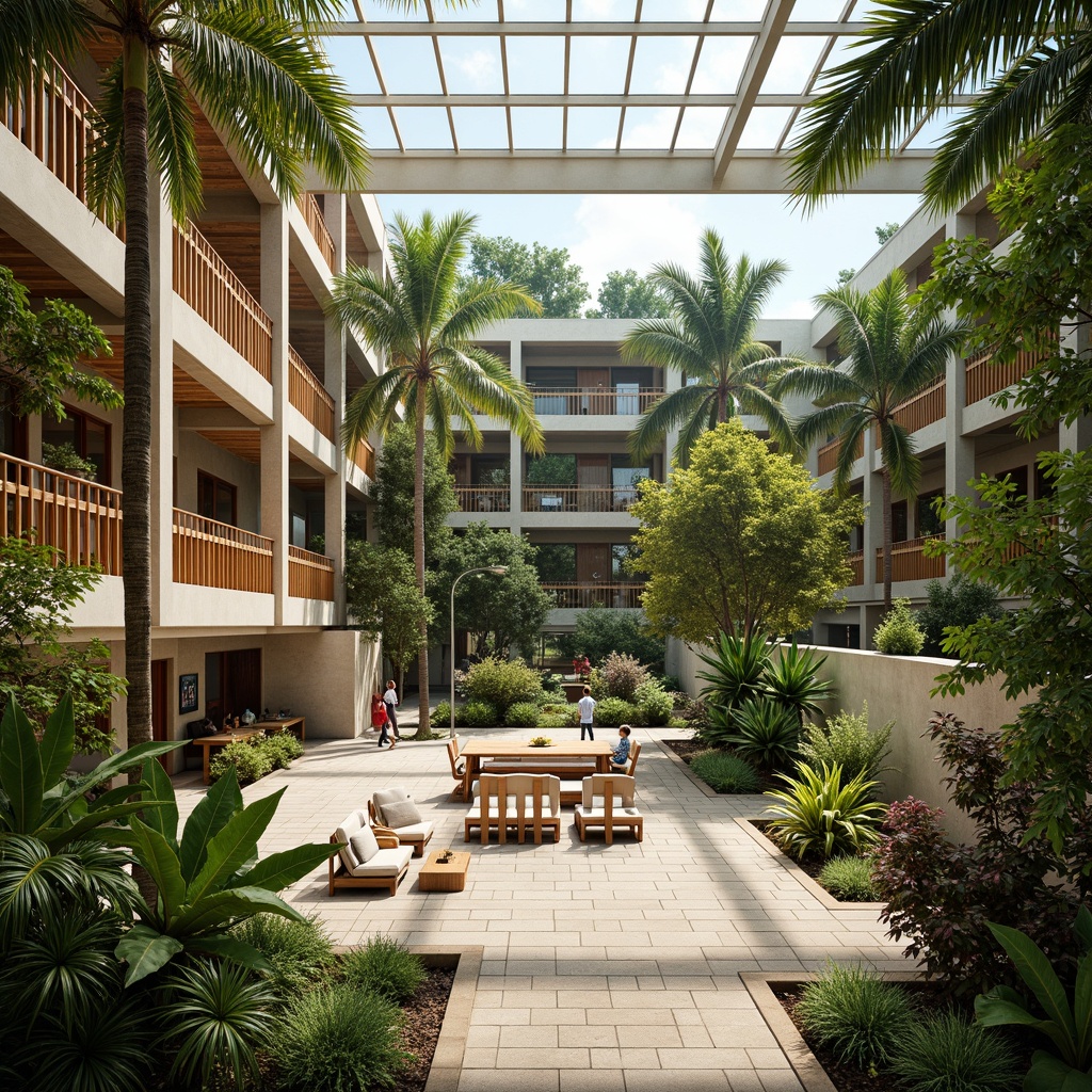 Prompt: Lush tropical landscape, vibrant greenery, palm trees, open-air courtyard, natural stone flooring, wooden accents, bamboo-inspired railings, colorful tile mosaics, modern tropical architecture, large windows, sliding glass doors, clerestory windows, abundant natural light, soft warm lighting, shallow depth of field, 3/4 composition, panoramic view, realistic textures, ambient occlusion, educational signs, outdoor classrooms, flexible seating areas, collaborative learning spaces, recreational facilities, basketball courts, badminton courts, volleyball courts.