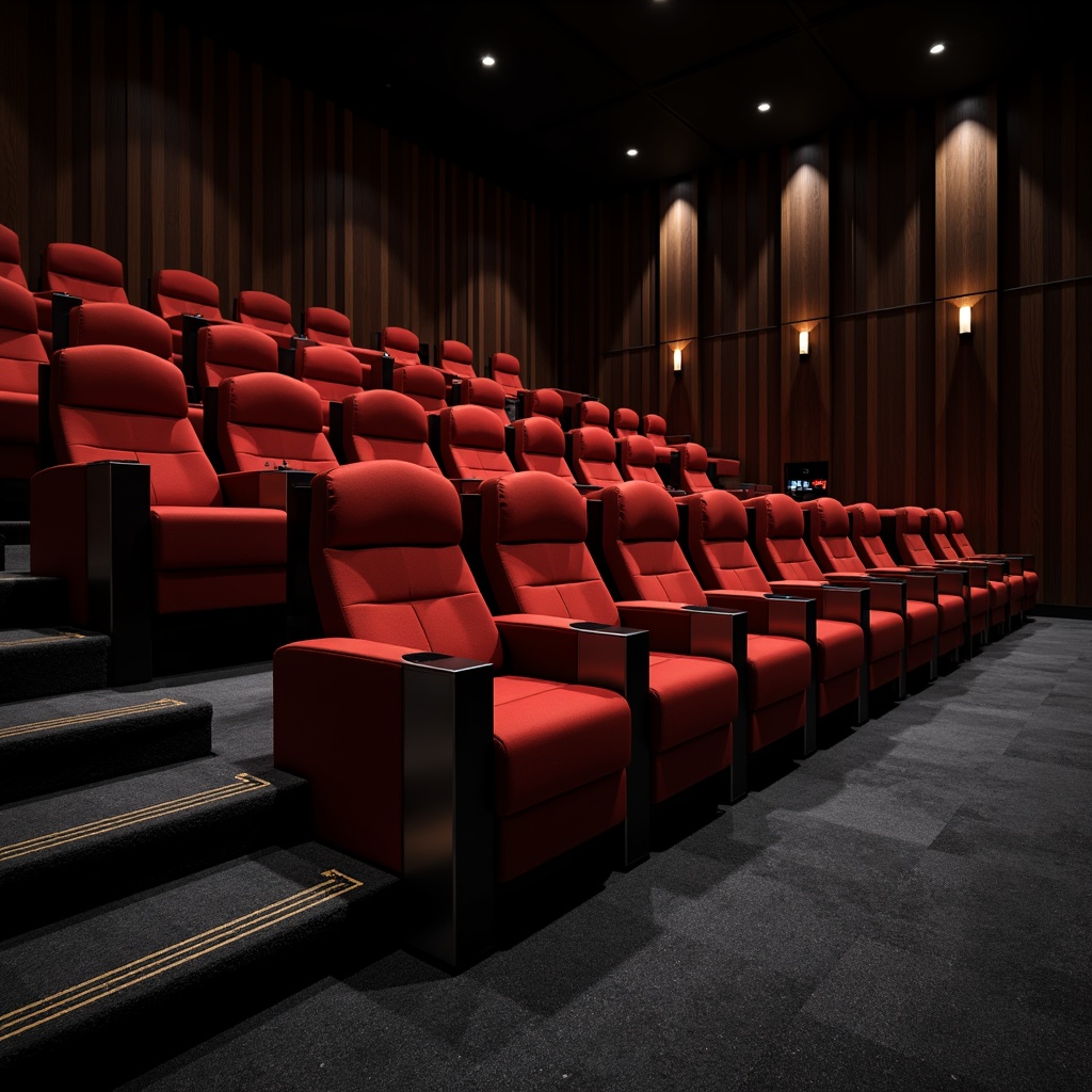 Prompt: Modern cinema seating arrangement, luxurious velvet seats, stainless steel frames, sleek minimalist design, dimmable LED floor lights, dark wood paneling, acoustic soundproofing materials, plush carpet flooring, comfortable reclining seats, adjustable armrests, built-in cup holders, premium leather upholstery, metallic accents, atmospheric lighting, cinematic color scheme, 3/4 composition, shallow depth of field, realistic textures, ambient occlusion.