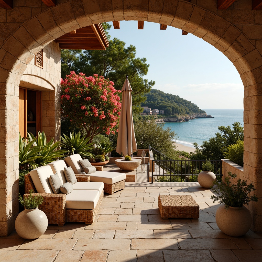 Prompt: Warm Mediterranean villa, rustic stone walls, terracotta rooftops, ornate ironwork, lush greenery, vibrant bougainvillea, turquoise waters, sandy beach, warm sunny day, soft golden lighting, shallow depth of field, 1/1 composition, realistic textures, ambient occlusion; earthy tone colors, burnt orange, sienna red, mossy green, sky blue, creamy white, weathered wood accents, woven rattan furniture, natural linen fabrics, distressed stone flooring.