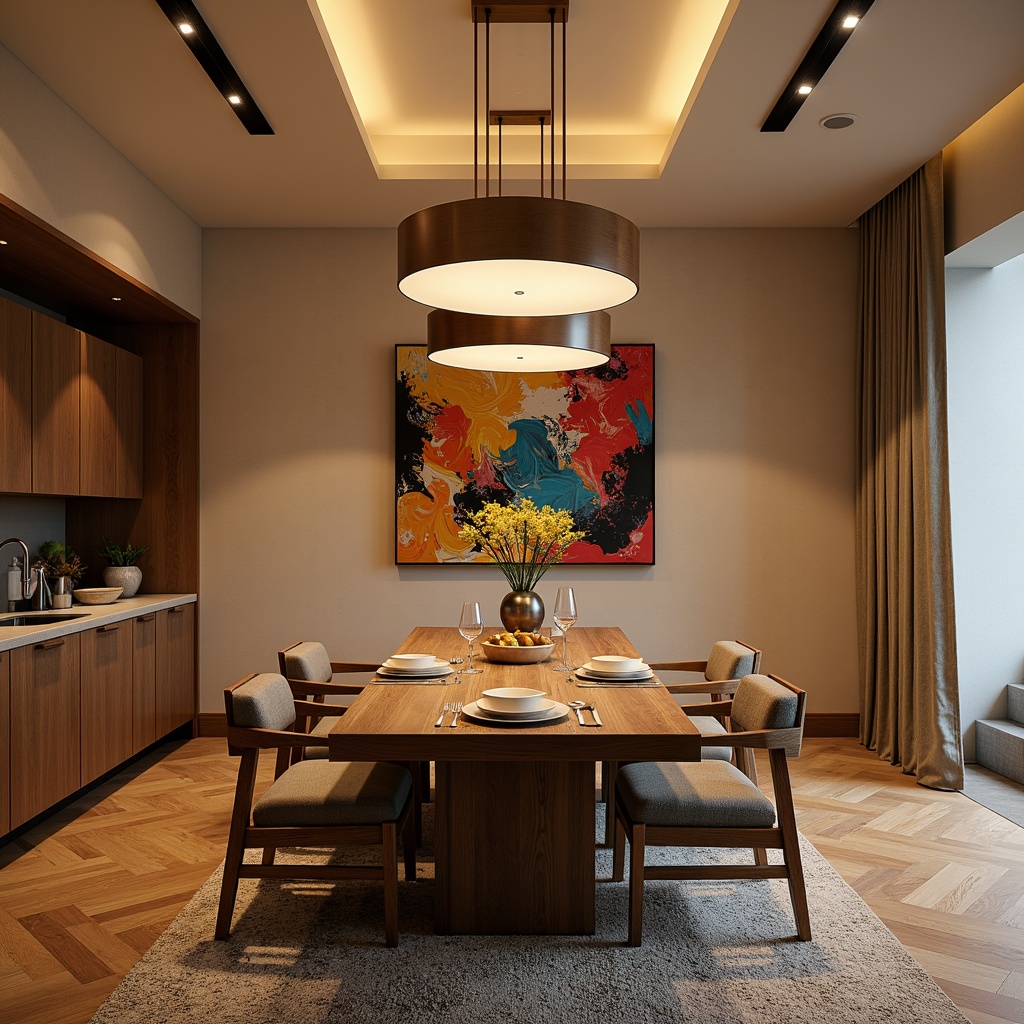 Prompt: Luxurious modern dining room, elegant wooden table, comfortable cushioned chairs, vibrant abstract artwork, stylish pendant lighting, rich wood flooring, soft warm beige walls, plush area rugs, contemporary minimalist decor, sleek metal accents, subtle texture contrasts, ambient warm glow, shallow depth of field, 1/1 composition, realistic fabric textures.