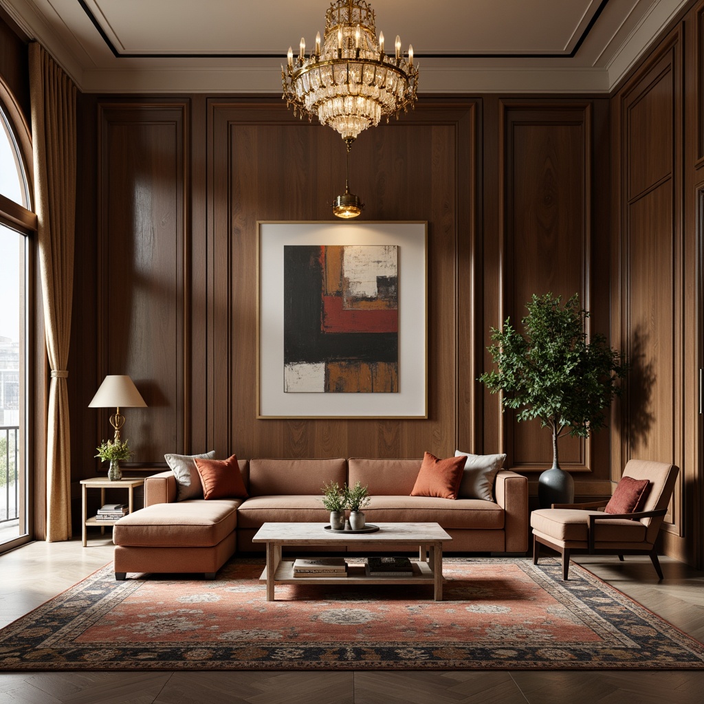 Prompt: Luxurious living room, velvet sectional sofa, marble coffee table, ornate gold chandeliers, rich wood paneling, plush area rugs, floor-to-ceiling curtains, modern abstract artwork, minimalist decor, soft warm lighting, 3/4 composition, realistic textures, ambient occlusion.