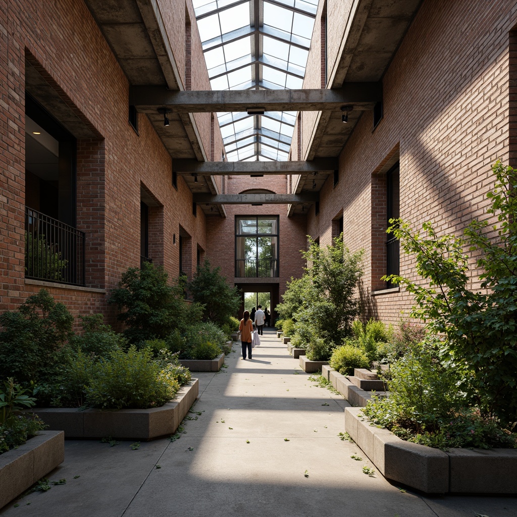 Prompt: Exposed brick walls, rugged concrete floors, industrial metal beams, lush greenery, overflowing planters, natural stone accents, reclaimed wood elements, minimalist decor, abundant skylights, clerestory windows, transparent glass roofs, soft warm lighting, subtle shading, ambient occlusion, shallow depth of field, 3/4 composition, panoramic view, realistic textures, brutalist architecture, organic shapes, earthy color palette, serene atmosphere.