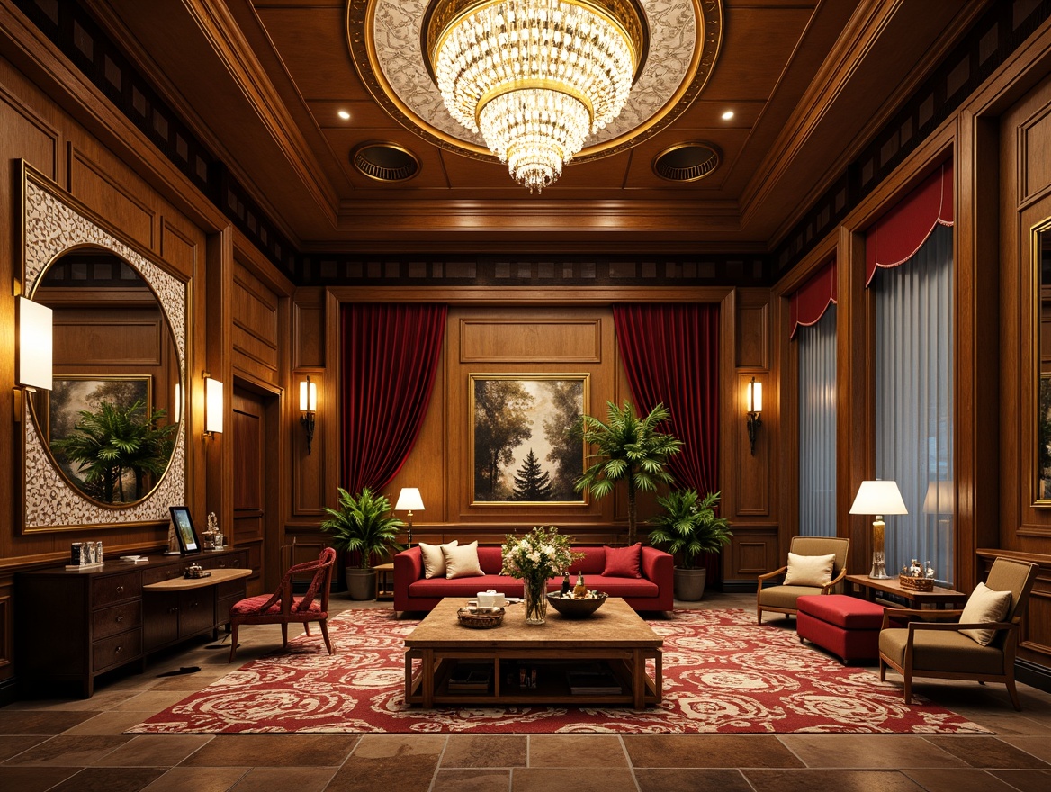 Prompt: Luxurious art deco interior, ornate metalwork, geometric patterns, metallic accents, lavish furnishings, rich wood tones, velvet drapes, glamorous chandeliers, opulent mirrors, statement walls, bold color blocking, metallic leafing, textured wallpaper, embossed designs, beveled edges, lavish moldings, soft golden lighting, high contrast ratio, 1/2 composition, dramatic shadows, luxurious fabrics.