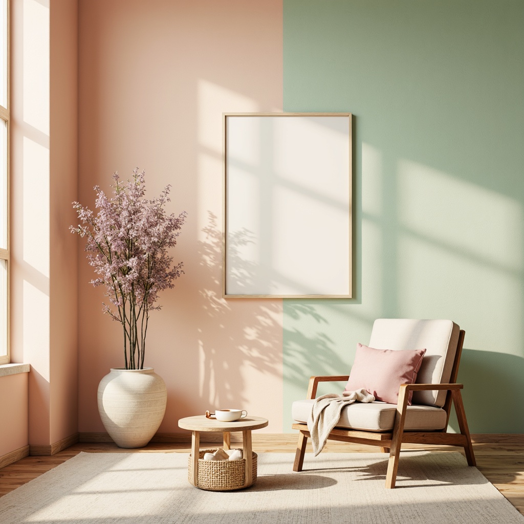 Prompt: Pastel hues, soft peach tones, calming mint greens, creamy whites, warm beige accents, gentle lavender shades, subtle golden highlights, natural wood textures, earthy terracotta elements, serene atmosphere, morning light, shallow depth of field, 1/1 composition, realistic renderings, ambient occlusion.