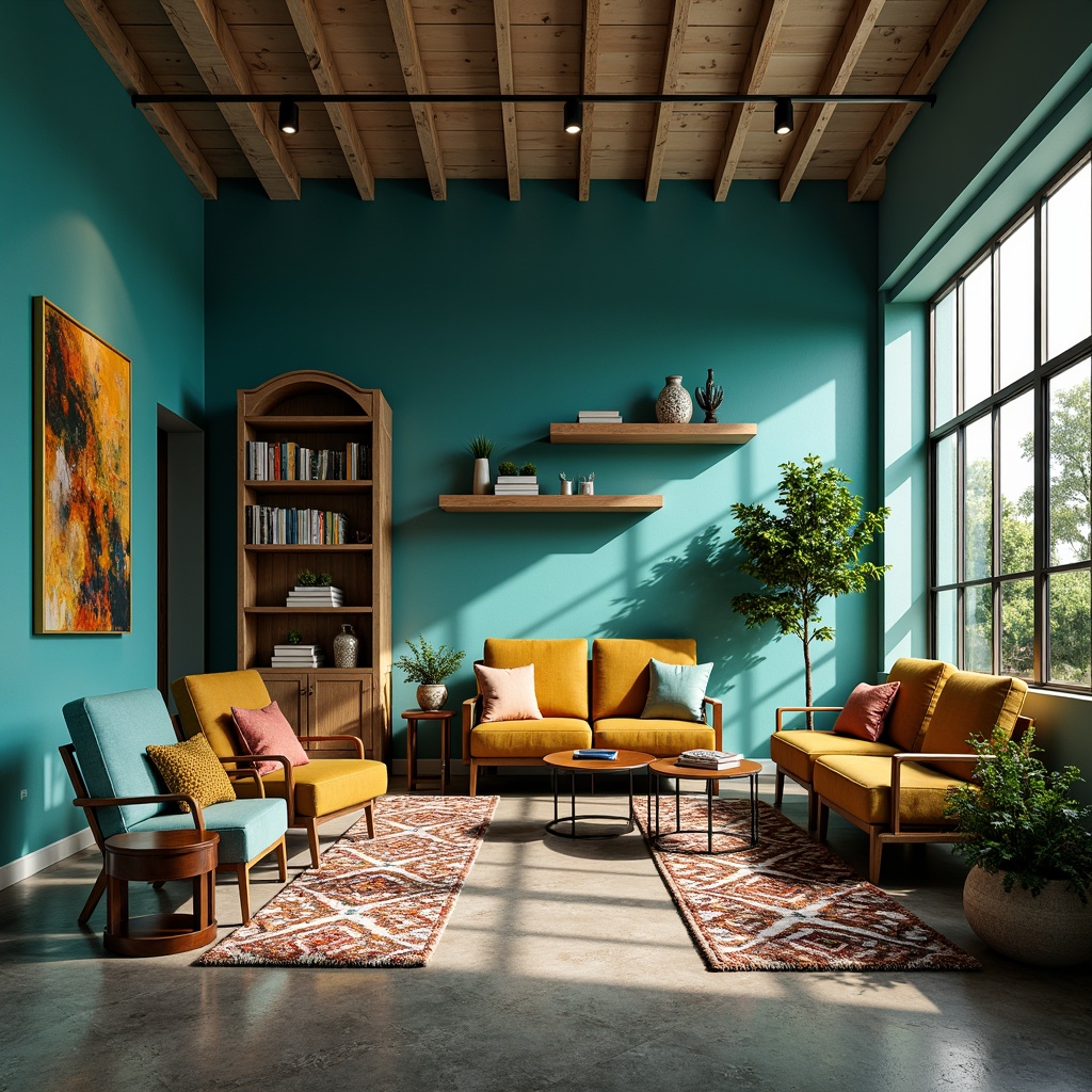 Prompt: Vibrant living room, bold accent walls, statement furniture pieces, rich turquoise hues, warm golden lighting, plush velvet textures, geometric patterned rugs, minimalist decor, industrial metal accents, reclaimed wood shelves, natural stone flooring, cozy reading nook, floor-to-ceiling windows, abundant greenery, softbox lighting, 1/1 composition, realistic reflections.