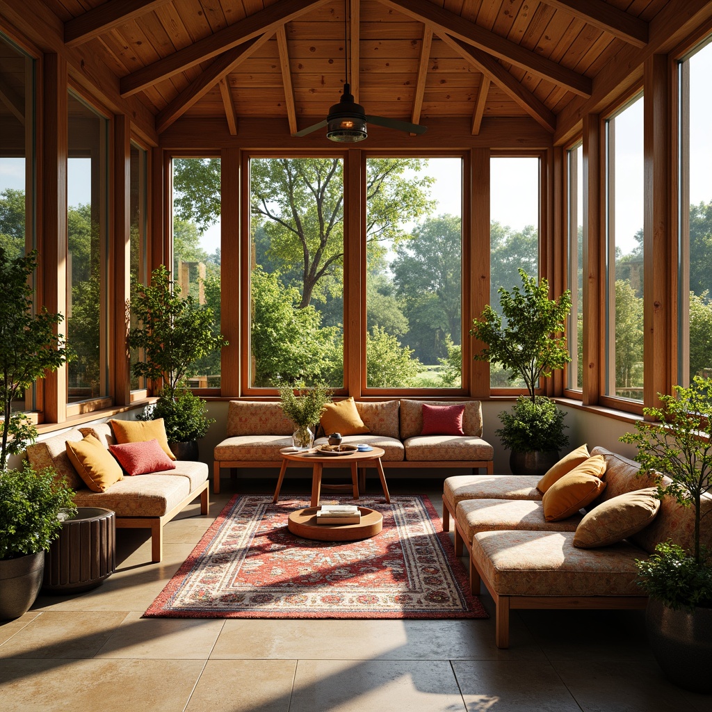 Prompt: Cozy sunroom, natural stone flooring, plush area rugs, soft cushioned furniture, vibrant colorful textiles, intricate geometric patterns, UV-resistant fabrics, thermal insulation, warm golden lighting, lush greenery, blooming flowers, outdoor views, panoramic windows, sliding glass doors, comfortable reading nooks, relaxing ambiance, calming color schemes.