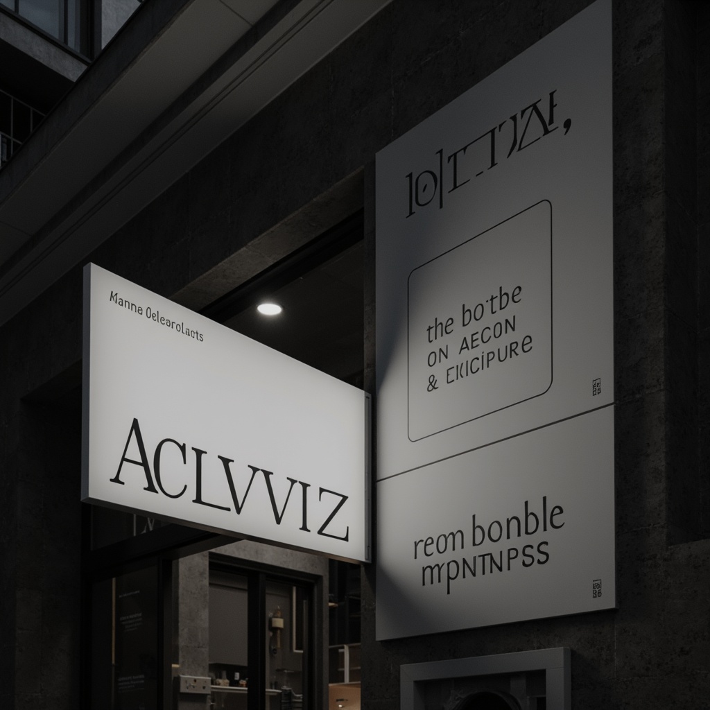 Prompt: Monochromatic signage, sleek typography, subtle branding, minimalist logos, neutral color palette, matte finish, simple shapes, clean lines, geometric forms, abstract patterns, ambient lighting, soft shadows, shallow depth of field, 1/1 composition, realistic textures, atmospheric perspective, calm atmosphere, serene ambiance, quiet tones.