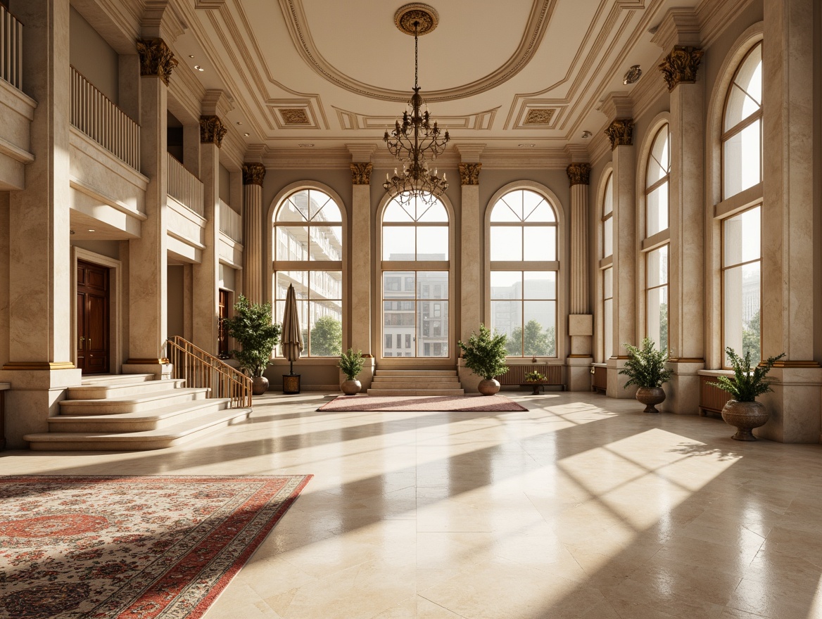 Prompt: Elegant gymnasium interior, cream-colored marble flooring, ornate columns, intricately patterned rugs, classical pilasters, high ceilings, large windows, natural light pouring in, polished wooden accents, neoclassical moldings, ornamental details, stately chandeliers, grand staircase, imposing stone walls, subtle earthy tones, warm beige color scheme, softbox lighting, 1/2 composition, shallow depth of field, realistic textures.