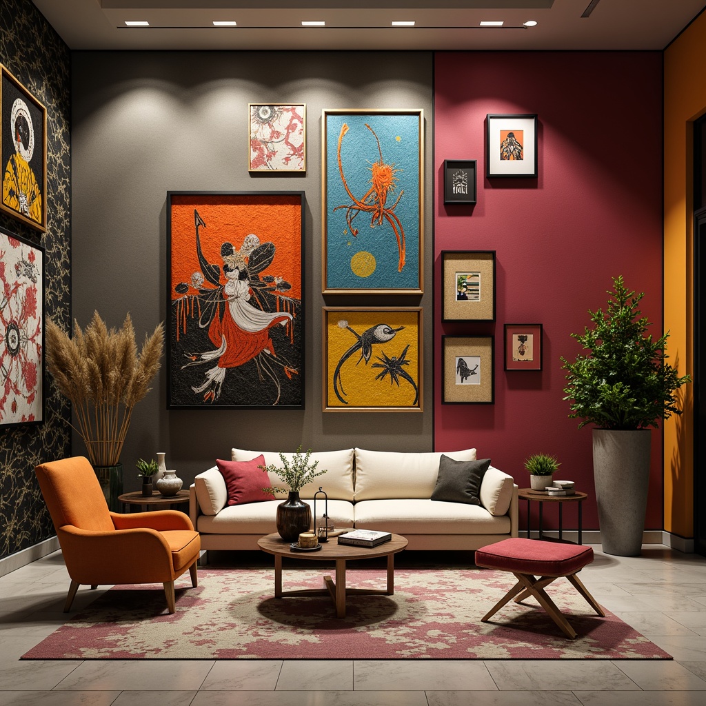 Prompt: Vibrant accent walls, eclectic artwork, modern abstract paintings, bold brushstrokes, textured canvases, colorful patterns, ornate frames, luxurious materials, marble floors, sleek contemporary furniture, ambient lighting, dramatic shadows, 1/1 composition, soft focus, warm color tones.