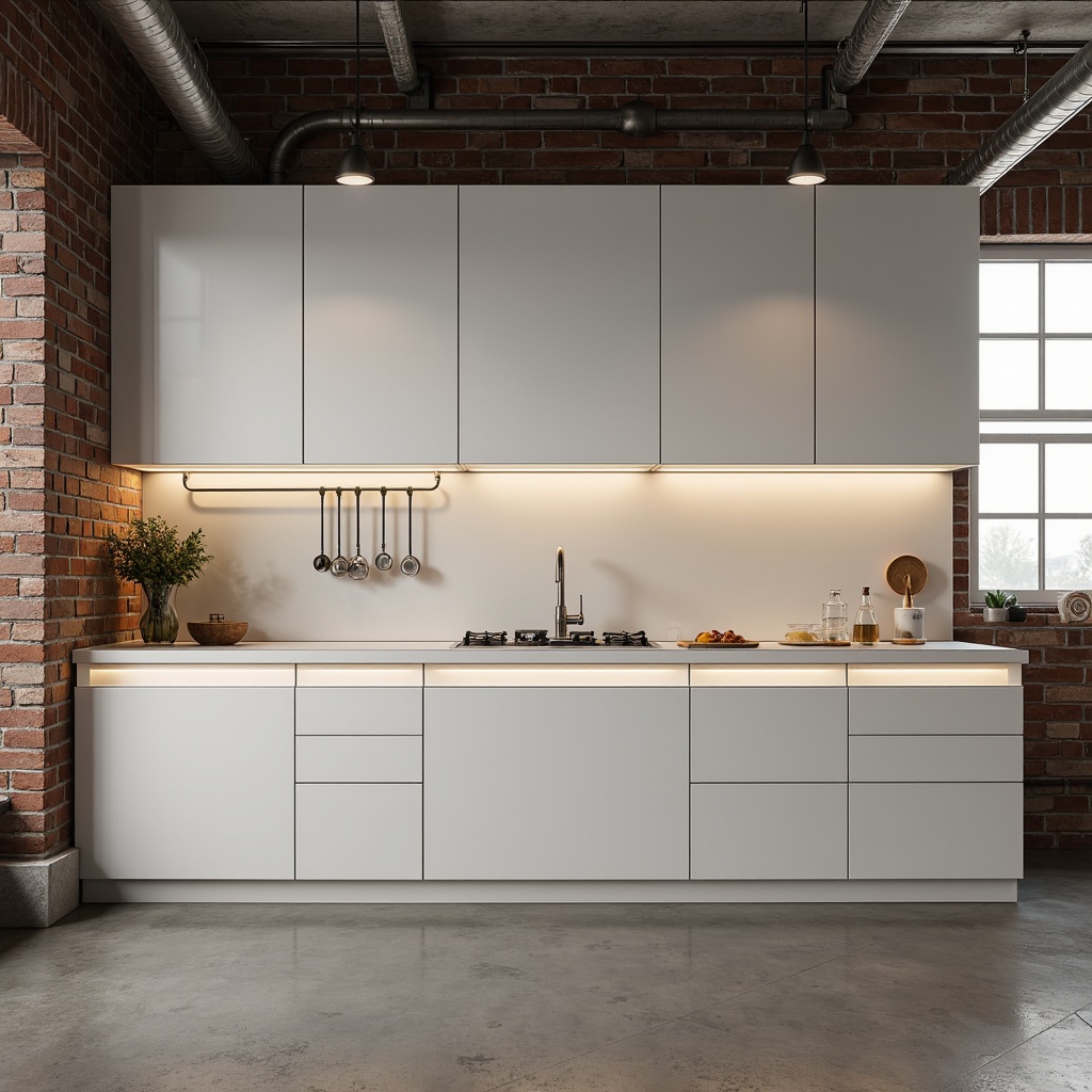 Prompt: Minimalist kitchen, sleek cabinetry, matte white surfaces, handle-free doors, subtle LED strips, warm ambient glow, soft overhead lighting, pendant lamps, polished chrome fixtures, glass countertops, industrial-style metal accents, exposed brick walls, urban loft atmosphere, morning natural light, shallow depth of field, 1/1 composition, realistic reflections.