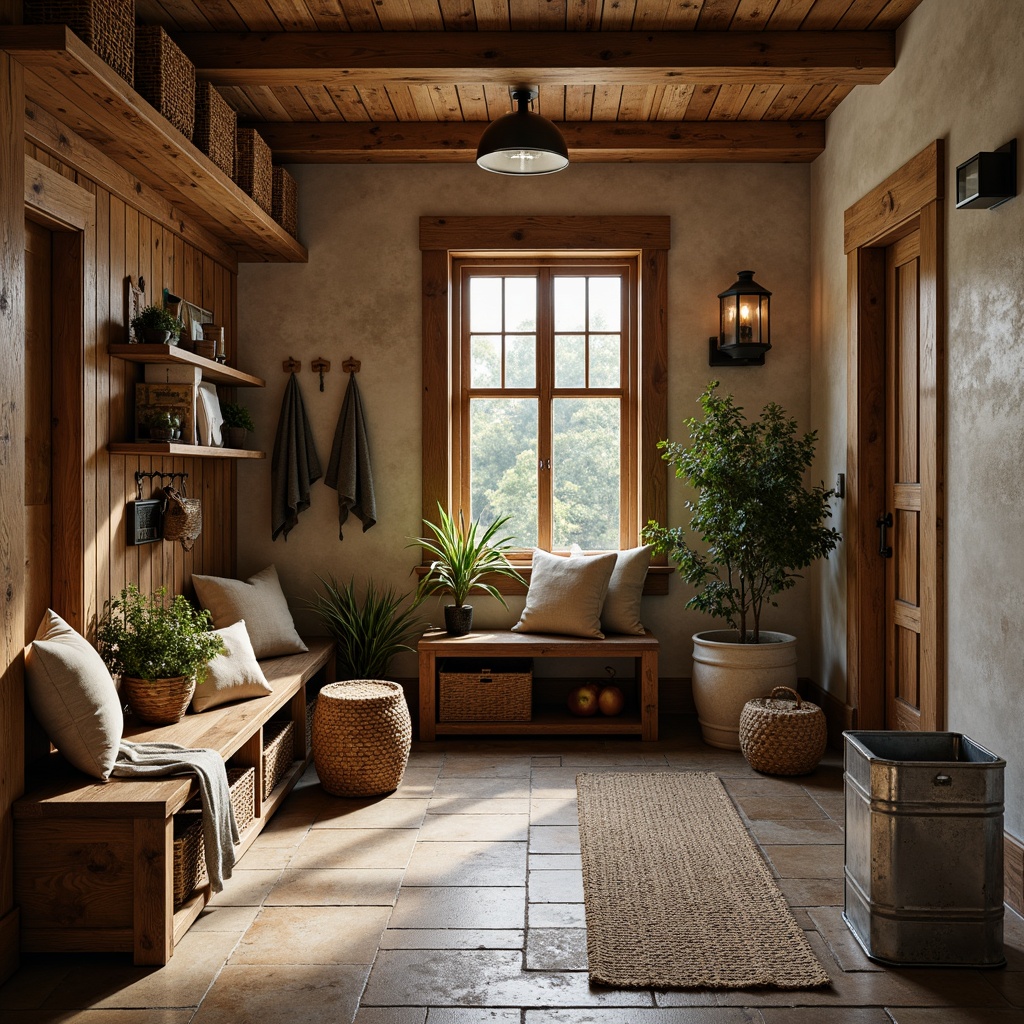 Prompt: Rustic mudroom, reclaimed wood accents, earthy color palette, natural stone flooring, woven baskets, wooden crates, metal hooks, vintage-inspired decor, cozy textiles, warm ambient lighting, shallow depth of field, 1/1 composition, realistic textures, atmospheric effects, wooden benches, rustic metal shelves, galvanized storage bins, woven rugs, pinecone decorations, lantern-style lighting fixtures.