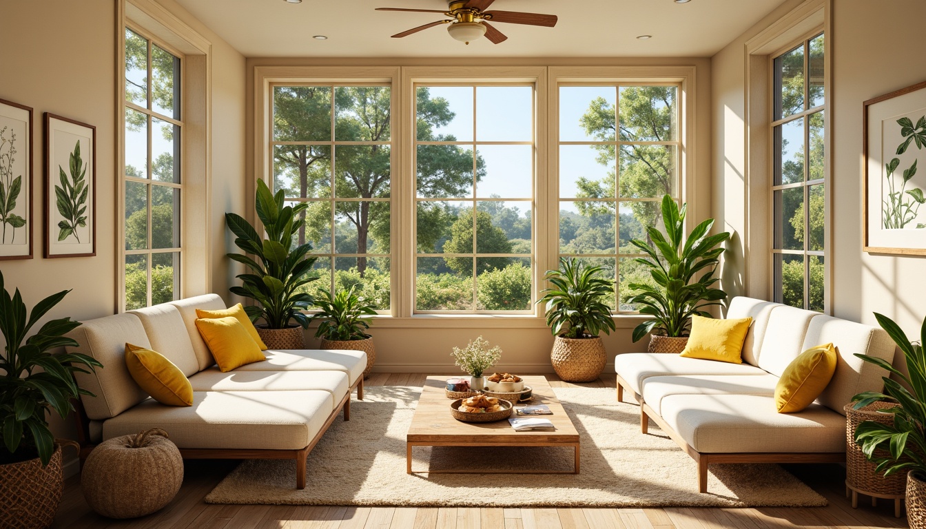 Prompt: Vibrant sunroom, warm beige walls, soft cream furnishings, lush greenery, natural wood accents, bright yellow accents, calming blue undertones, gentle golden lighting, cozy textiles, plush area rugs, serene botanical prints, minimalist decor, sleek metal frames, abundant natural light, airy atmosphere, shallow depth of field, 1/1 composition, realistic textures, ambient occlusion.