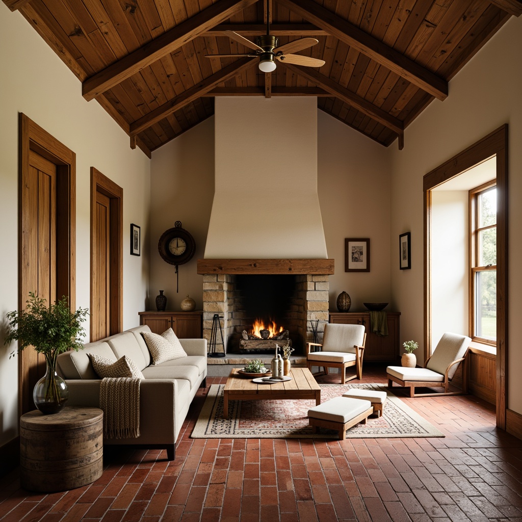 Prompt: Earthy craftsman interior, warm beige walls, rustic wooden accents, natural stone fireplaces, cozy throw blankets, vintage metal fixtures, earthy red brick floors, soft warm lighting, shallow depth of field, 3/4 composition, realistic textures, ambient occlusion.