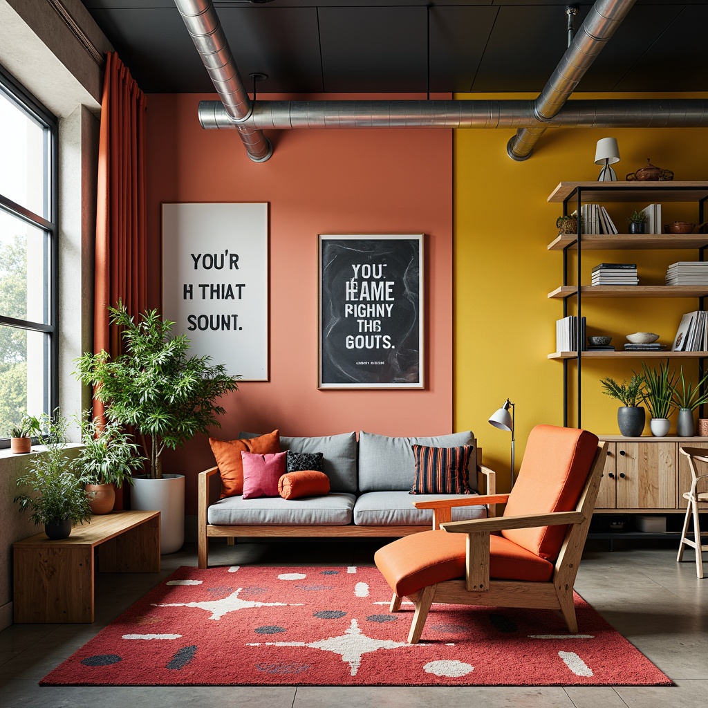 Prompt: Vibrant design studio, creative workspace, eclectic furniture, bold color accents, contrasting textures, abstract artwork, inspirational quotes, natural wood tones, industrial metal fixtures, reclaimed wood shelves, modern minimalism, softbox lighting, 1/1 composition, realistic rendering, ambient occlusion.Please let me know if you need any adjustments!