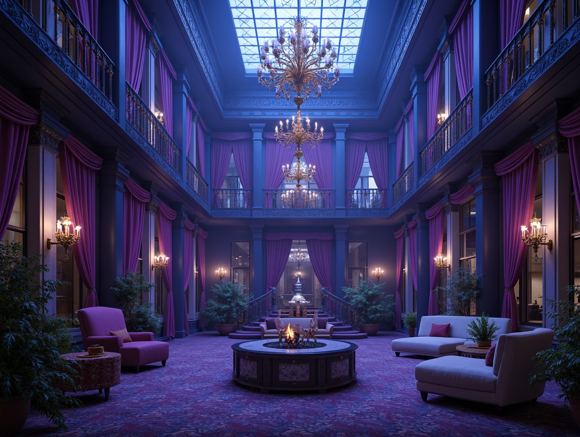 Prompt: Majestic blue violet mansion, ornate facades, grand entrance halls, sweeping staircases, lavish chandeliers, rich velvet drapes, regal throne-like furniture, intricate carvings, mystical purple accents, luxurious gold leaf details, soft warm candlelight, dramatic high ceilings, opulent crystal fixtures, mysterious twilight atmosphere, cinematic 3/4 composition, low-key lighting, atmospheric fog effects.