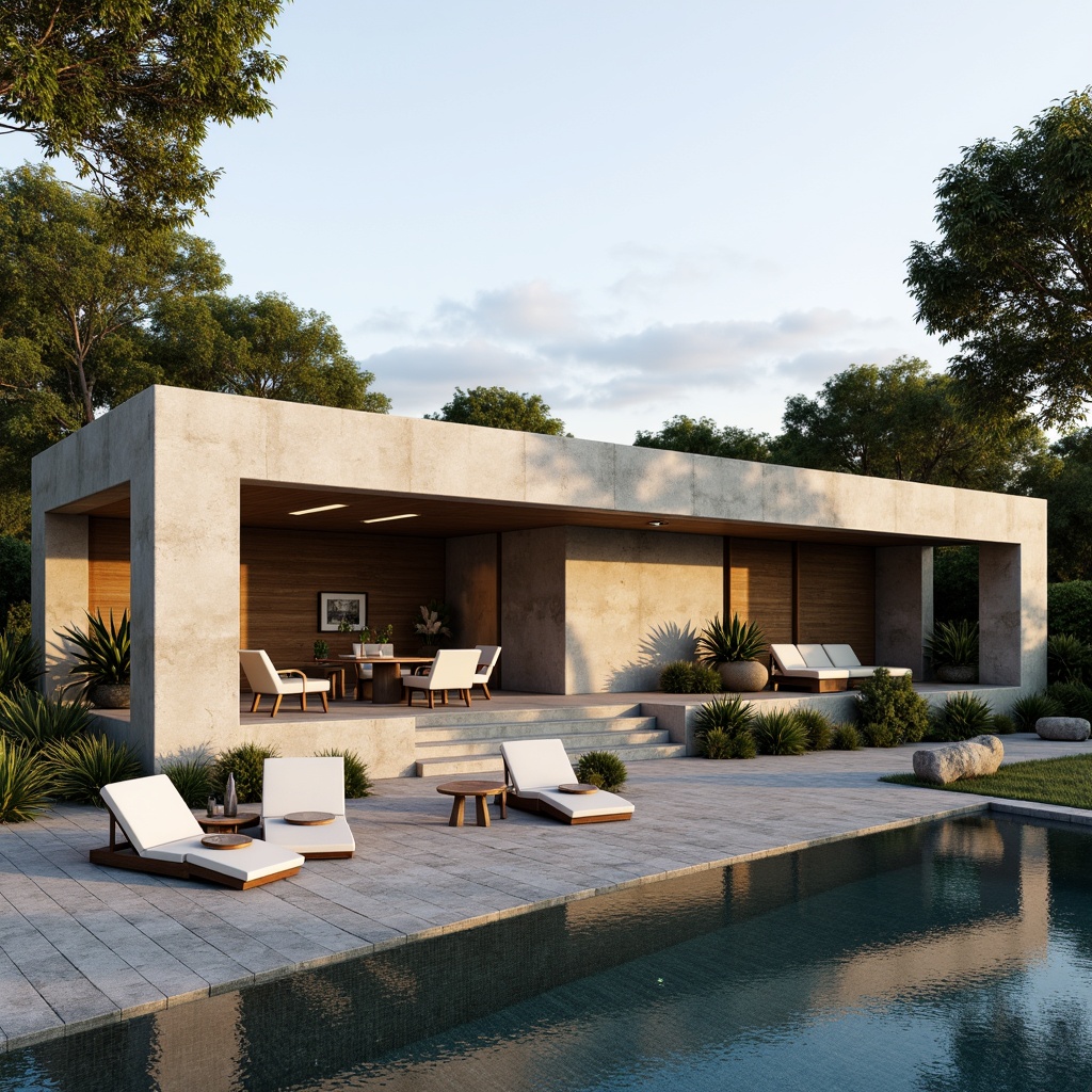 Prompt: Minimalist villa, clean lines, simple forms, neutral color palette, textured stone walls, rough-hewn wooden accents, sleek metal fixtures, large windows, sliding glass doors, natural light pouring in, lush greenery surrounding, serene outdoor spaces, tranquil water features, soft warm lighting, shallow depth of field, 3/4 composition, realistic textures, ambient occlusion.