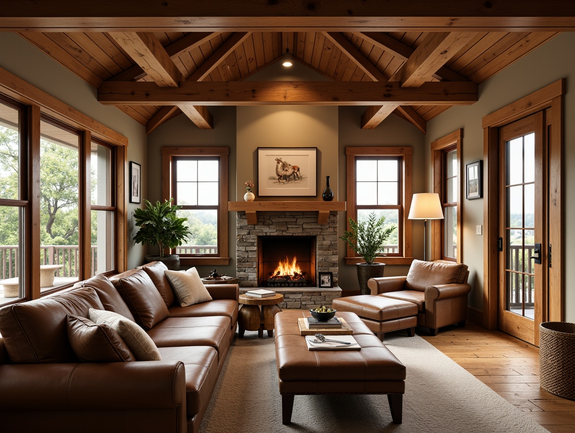 Prompt: Cozy craftsman interior, warm earthy tones, natural wood accents, stone fireplace, plush furnishings, vintage decor, rich brown leather, soft cream textiles, elegant metal fixtures, rustic wooden beams, soft diffused lighting, 1/1 composition, realistic wood textures, ambient occlusion.