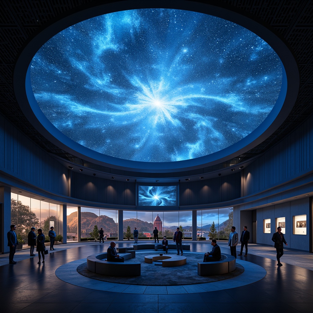 Prompt: Cosmic planetarium, dome-shaped ceiling, immersive starry night sky, circular seating arrangement, interactive exhibits, educational displays, virtual reality experience, 360-degree projection, dark blue walls, polished floors, ambient lighting, misty atmosphere, futuristic design, spherical architecture, astronomical instruments, telescope stations, stargazing areas, lunar landscape, Martian terrain, Jupiter's gas giants, Saturn's rings, nebulae clouds, soft glowing accents, subtle color grading, cinematic sound effects, 3D visualizations, dynamic simulations.