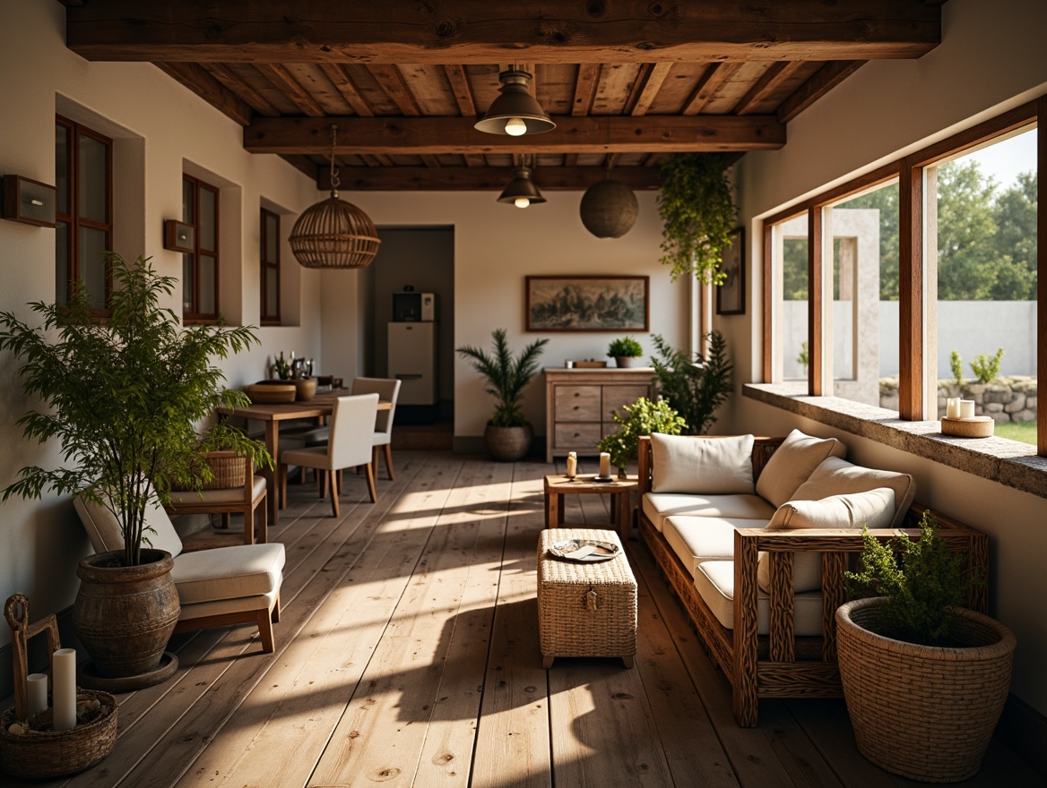 Prompt: Rustic farmhouse interior, warm earthy tones, distressed wood accents, vintage metal decor, soft creamy whites, weathered brick reds, muted sage greens, faded blues, natural linen textures, woven baskets, potted greenery, candlelit ambiance, warm golden lighting, shallow depth of field, 2/3 composition, cozy atmospheric perspective.