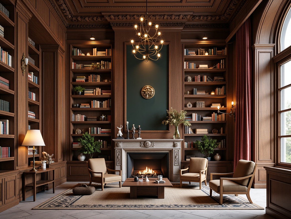 Prompt: Elegant library interior, ornate wooden shelves, vintage leather-bound books, comfortable reading nooks, plush armchairs, rich velvet drapes, warm bronze lighting fixtures, intricate stone carvings, sophisticated neutral color palette, luxurious marble floors, geometric patterned rugs, statement chandeliers, cozy fireplace, inviting atmosphere, softbox lighting, 1/1 composition, realistic textures, ambient occlusion.