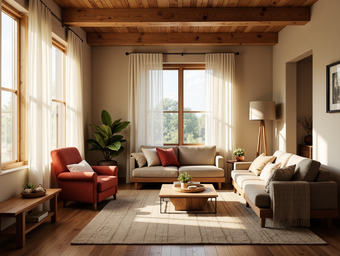 Prompt: Cozy living room, warm wooden floors, soft beige walls, large windows, sheer curtains, diffused sunlight, gentle shadows, comfortable seating area, plush sofas, velvet armchairs, natural textiles, earthy color palette, rustic wooden accents, minimal ornamentation, calm atmosphere, soft warm lighting, shallow depth of field, 3/4 composition, realistic textures, ambient occlusion.