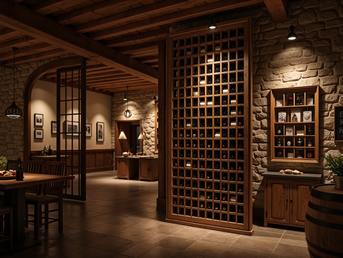 Prompt: Rustic wooden wine racks, craftsman-style metalwork, dimly lit ambiance, warm earthy tones, rich wood grain textures, stone walls, arched doorways, ornate metal lanterns, vintage wine barrels, wooden crates, glass-enclosed wine displays, soft warm lighting, shallow depth of field, 1/2 composition, realistic wood textures, ambient occlusion.