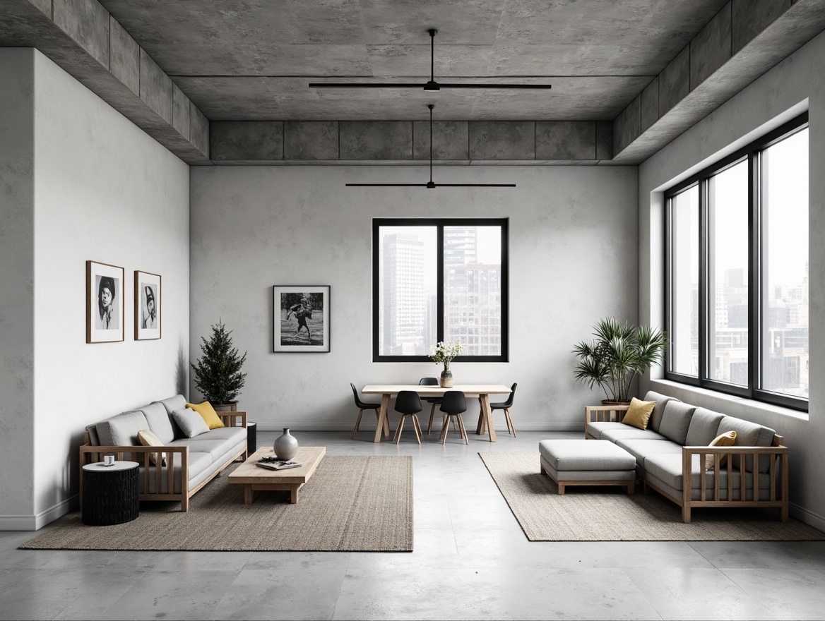 Prompt: Monochromatic interior space, clean lines, minimal ornamentation, functional furniture, industrial materials, exposed concrete walls, steel beams, geometric shapes, primary color accents, natural textiles, simple lighting fixtures, sparse decorations, abstract artwork, empty spaces, neutral tone palette, rectangular forms, functional simplicity, modernist aesthetic, urban loft atmosphere, high ceilings, large windows, diffused soft light, shallow depth of field, 1/1 composition.