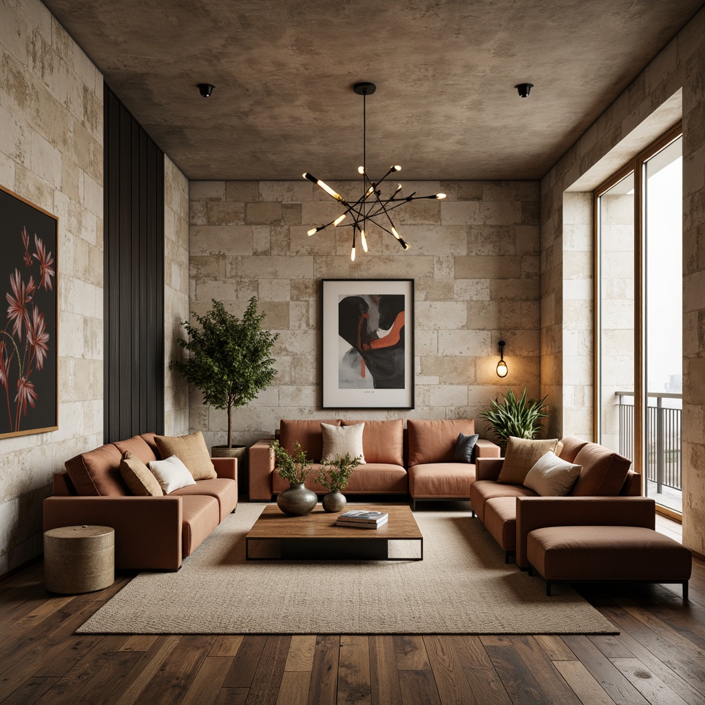 Prompt: Luxurious living room, textured stone walls, reclaimed wood flooring, plush velvet sofas, metallic accents, industrial-chic lighting fixtures, natural fiber rugs, minimalist coffee tables, abstract artwork, warm beige colors, soft diffused lighting, shallow depth of field, 1/1 composition, realistic textures, ambient occlusion.