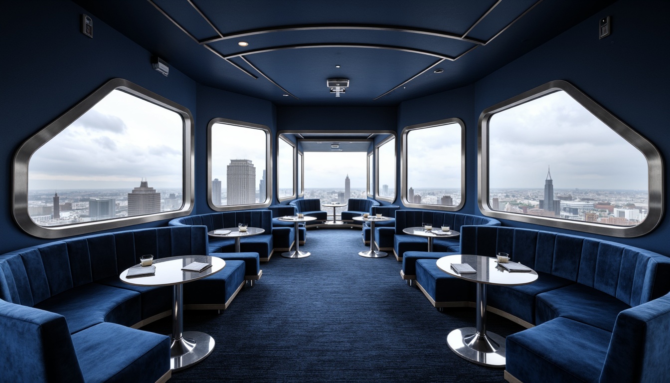 Prompt: Navy blue accent walls, streamline moderne curves, metallic silver trim, polished chrome fixtures, luxurious velvet upholstery, sleek glass tables, minimalist decor, urban cityscape views, cloudy grey skies, soft box lighting, shallow depth of field, 1/1 composition, cinematic atmosphere, high-contrast ratios, futuristic ambiance.