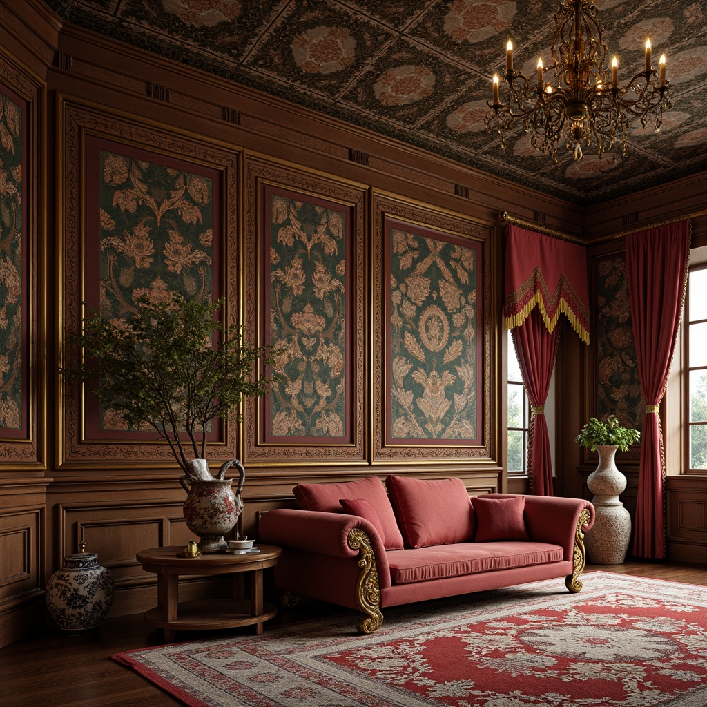 Prompt: Intricate Victorian-era wallpaper, rich jewel-toned colors, ornate patterns, floral motifs, golden accents, luxurious fabrics, velvet drapes, tassel-trimmed furnishings, carved wooden paneling, textured stucco, ornamental moldings, grand chandeliers, soft warm lighting, shallow depth of field, 3/4 composition, realistic textures, ambient occlusion.