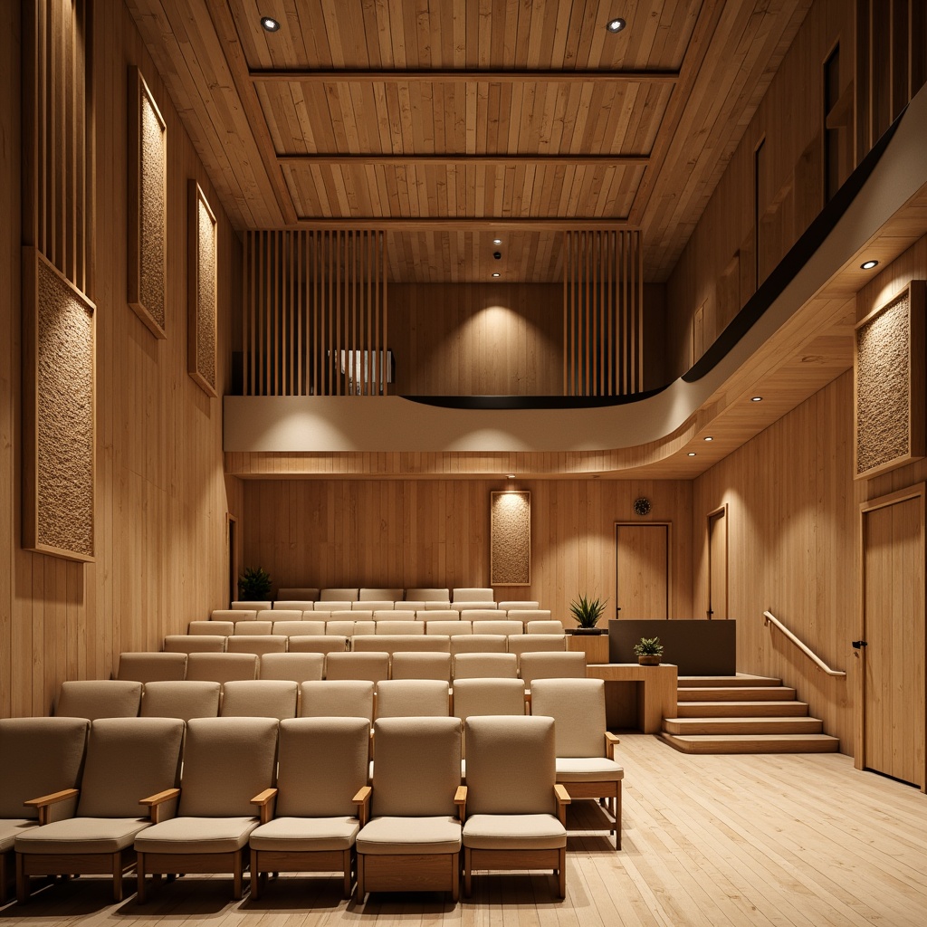 Prompt: Minimalist theater interior, light wood tones, natural textures, woven fabric panels, geometric patterns, Nordic-inspired design, sound-absorbing materials, innovative acoustic solutions, curved lines, organic shapes, soft warm lighting, cozy atmosphere, comfortable seating, rustic wooden accents, earthy color palette, intimate performance space, subtle ambient glow, 1/2 composition, cinematic perspective, realistic reflections.