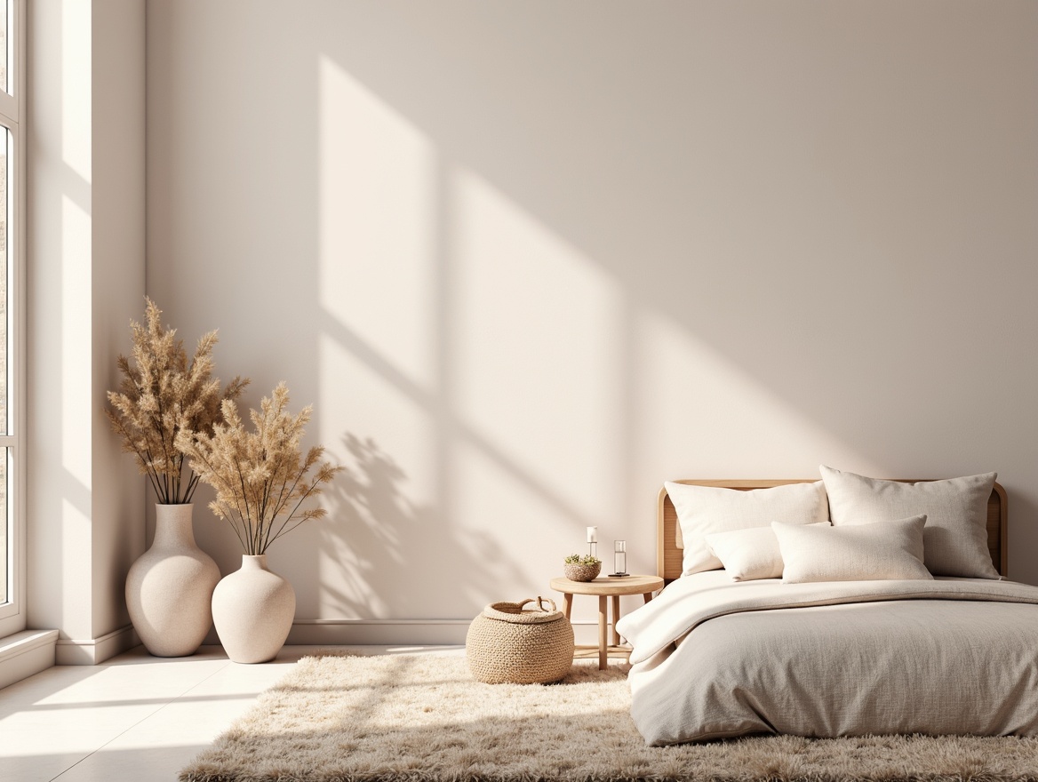 Prompt: Soft powdery textures, creamy whites, warm beiges, calming grays, delicate blush tones, gentle peach hues, minimalist decor, sleek lines, simple shapes, subtle patterns, natural materials, wooden accents, soft cushions, plush rugs, ambient lighting, warm glow, shallow depth of field, 1/1 composition, intimate atmosphere, serene ambiance.